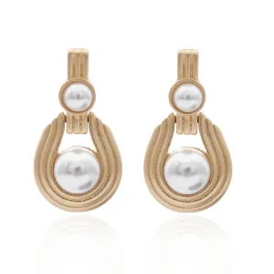 Pearl & 18K Gold-Plated Textured Oval Drop Earrings