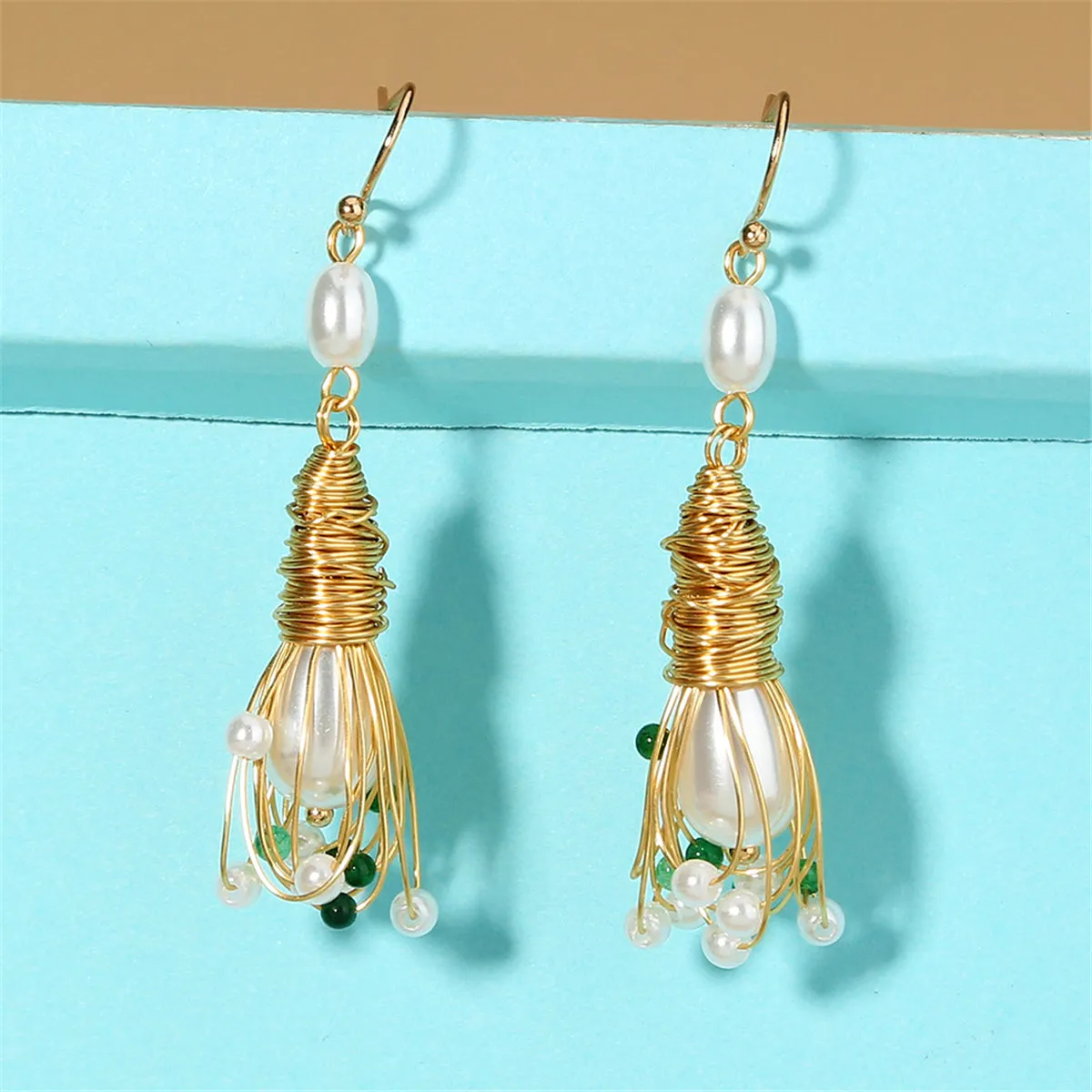 Pearl & Acrylic 18K Gold-Plated Wire-Wrapped Drop Earrings