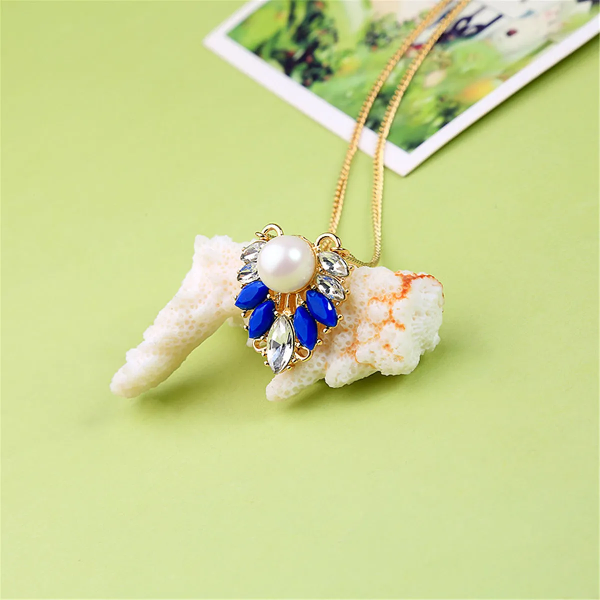 Pearl & Blue Resin Crystal 18K Gold-Plated Pendant Necklace