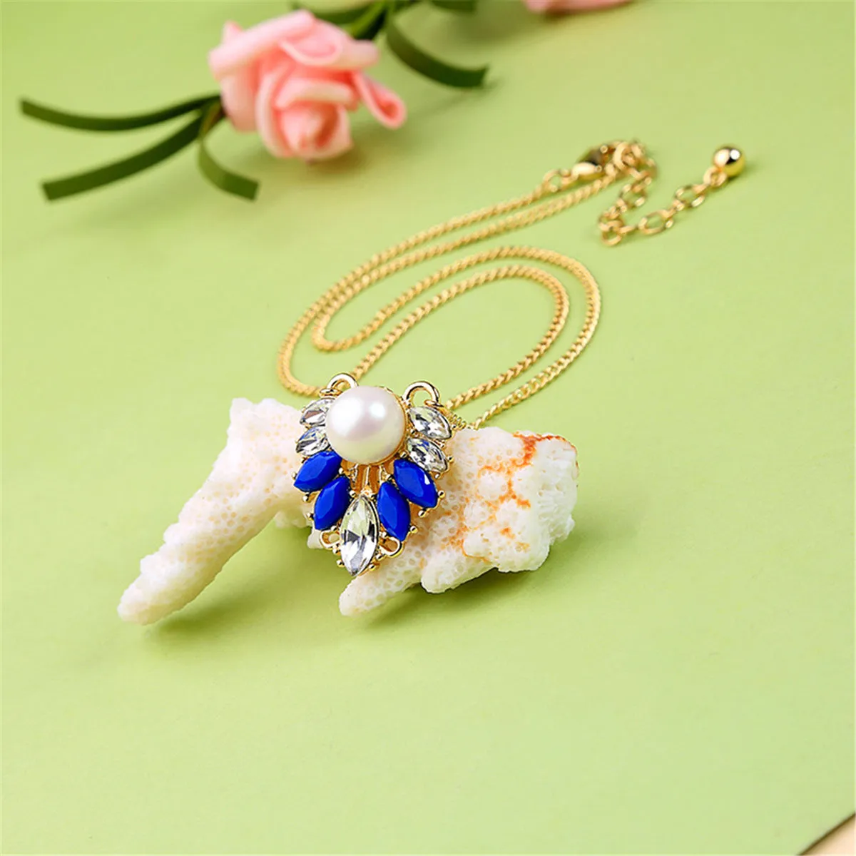 Pearl & Blue Resin Crystal 18K Gold-Plated Pendant Necklace
