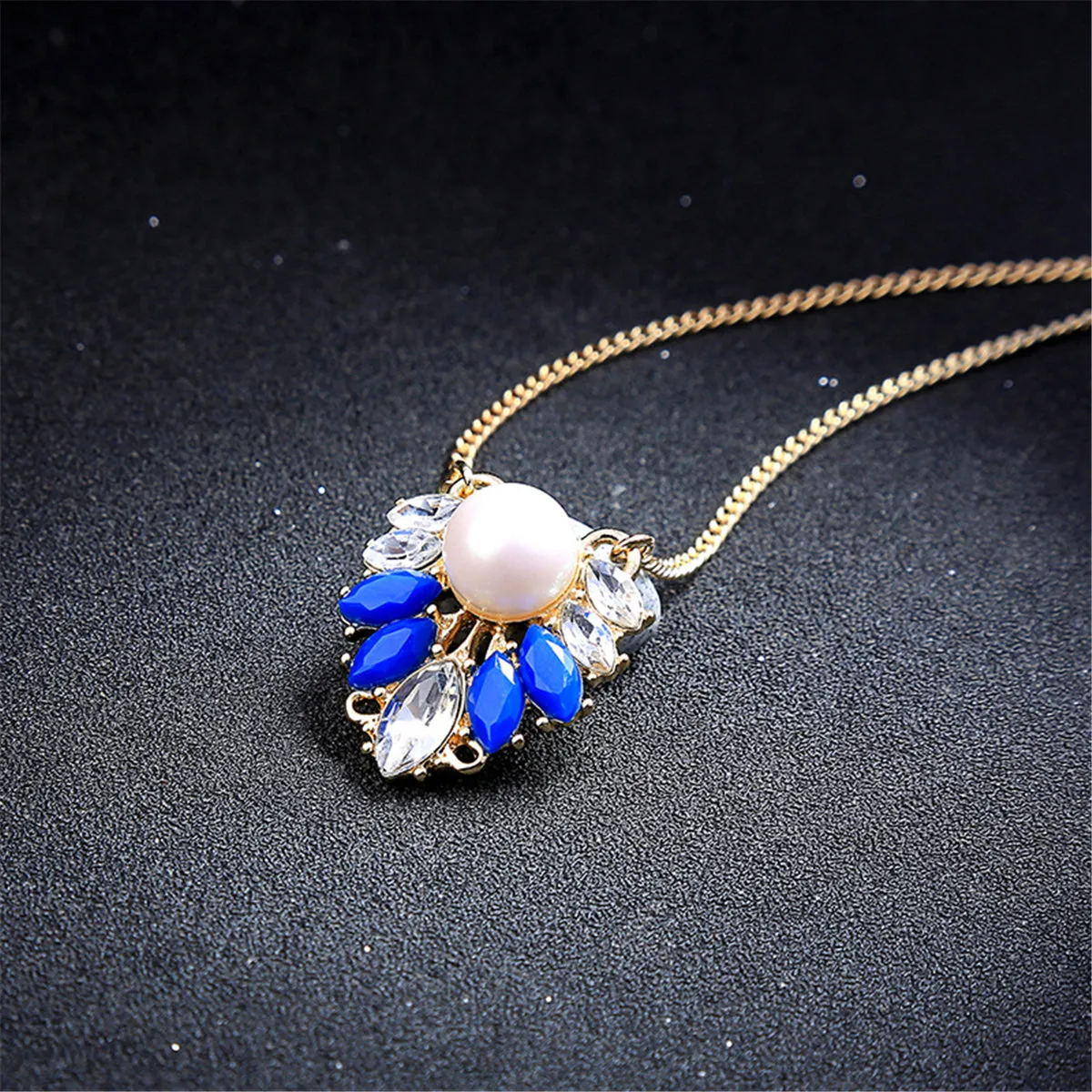 Pearl & Blue Resin Crystal 18K Gold-Plated Pendant Necklace