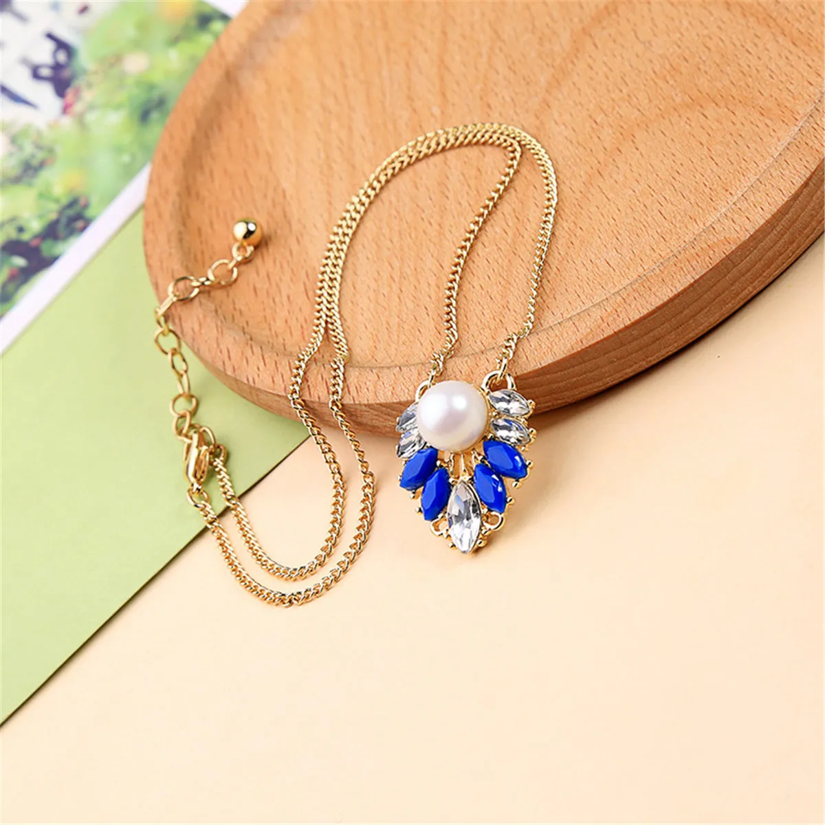 Pearl & Blue Resin Crystal 18K Gold-Plated Pendant Necklace