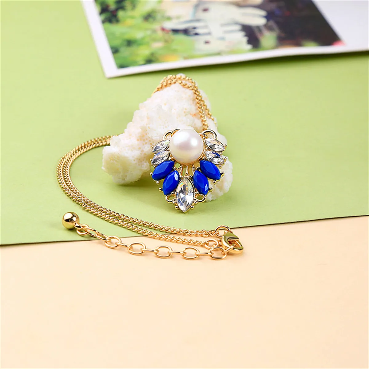 Pearl & Blue Resin Crystal 18K Gold-Plated Pendant Necklace