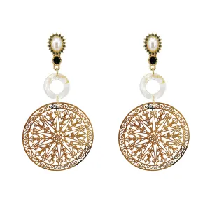 Pearl & Cubic Zirconia 18K Gold-Plated Filigree Circle Drop Earrings