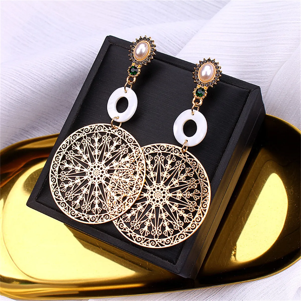 Pearl & Cubic Zirconia 18K Gold-Plated Filigree Circle Drop Earrings