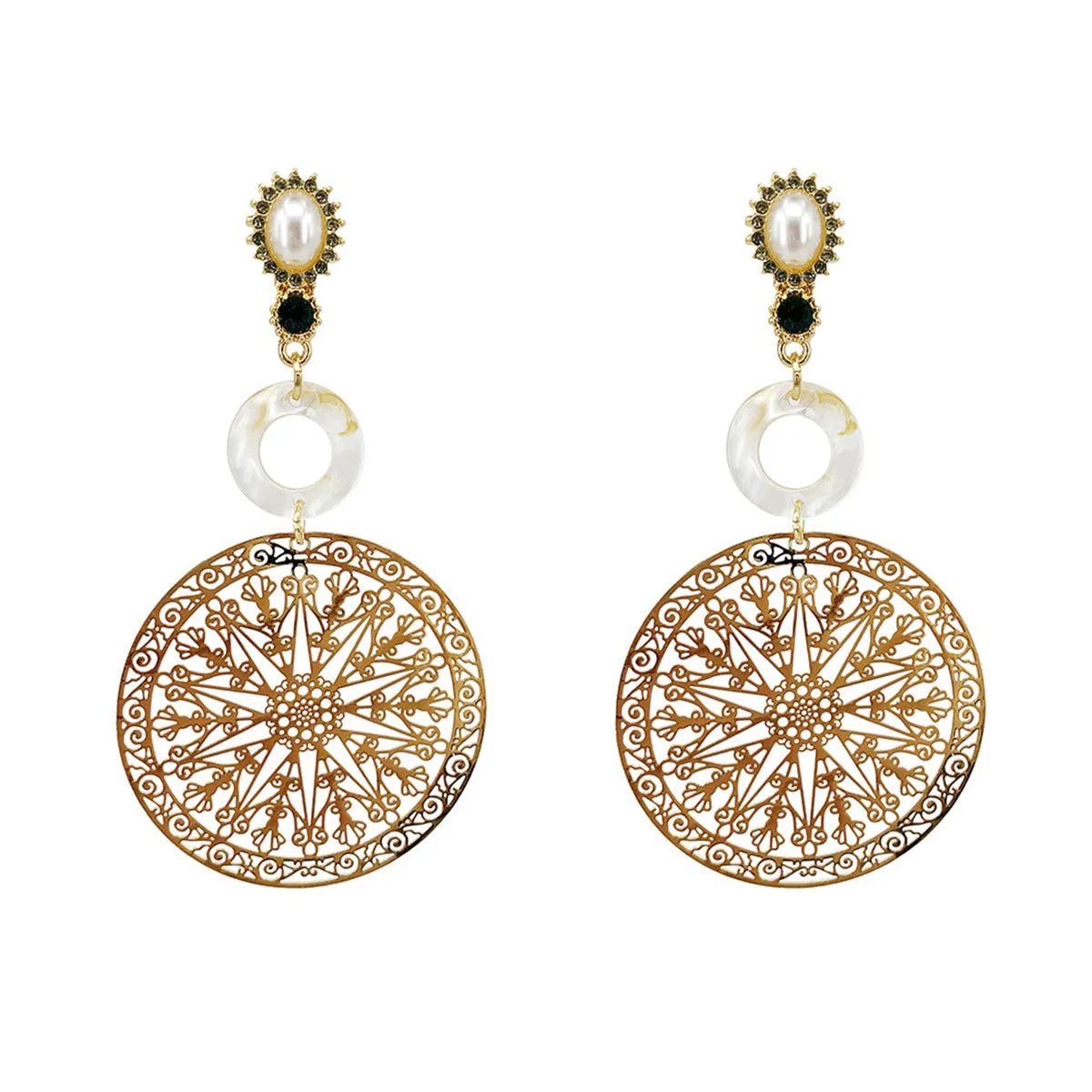 Pearl & Cubic Zirconia 18K Gold-Plated Filigree Circle Drop Earrings