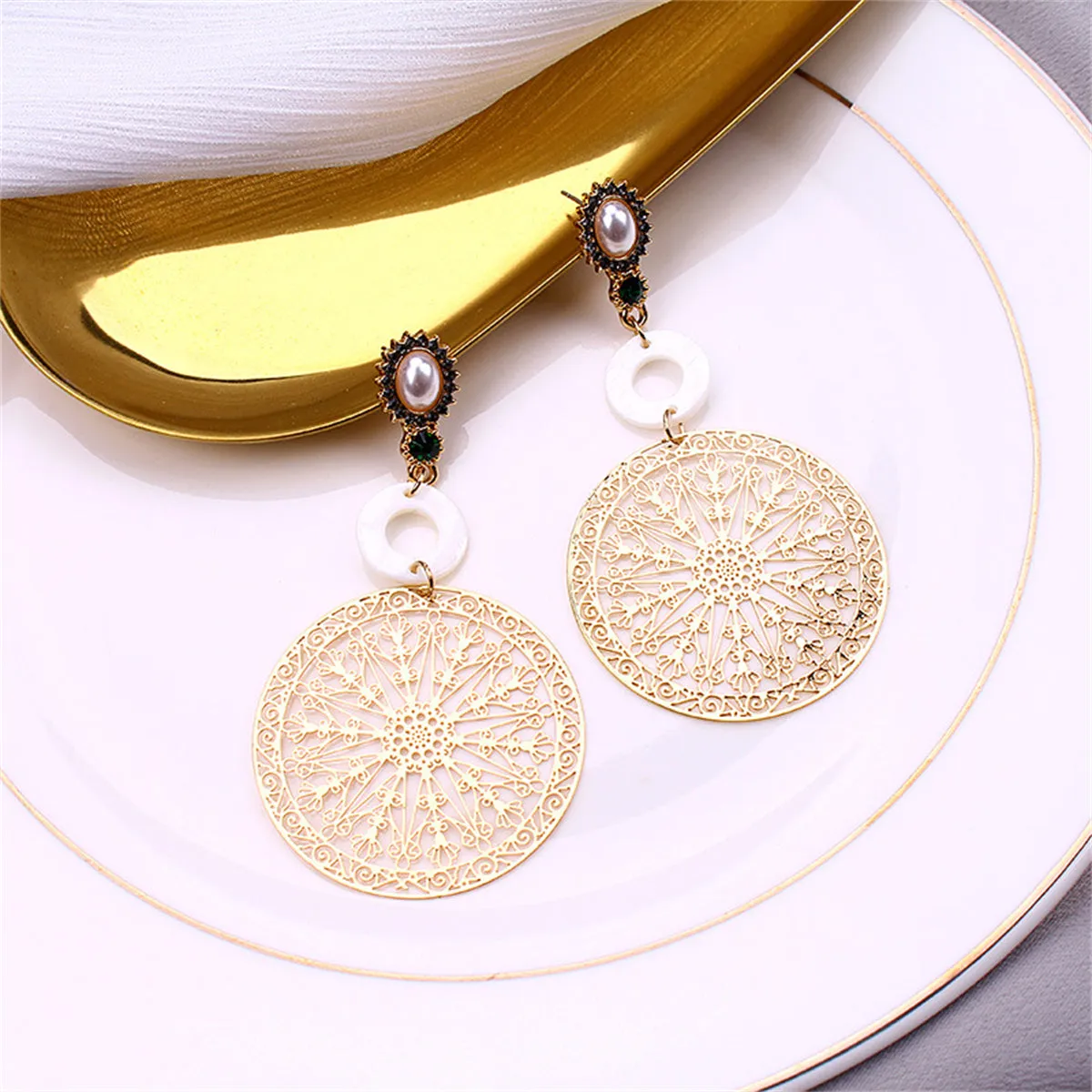 Pearl & Cubic Zirconia 18K Gold-Plated Filigree Circle Drop Earrings