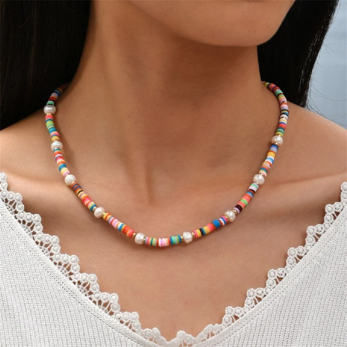 Pearl & Multicolor Polymer Clay 18K Gold-Plated Bead Necklace