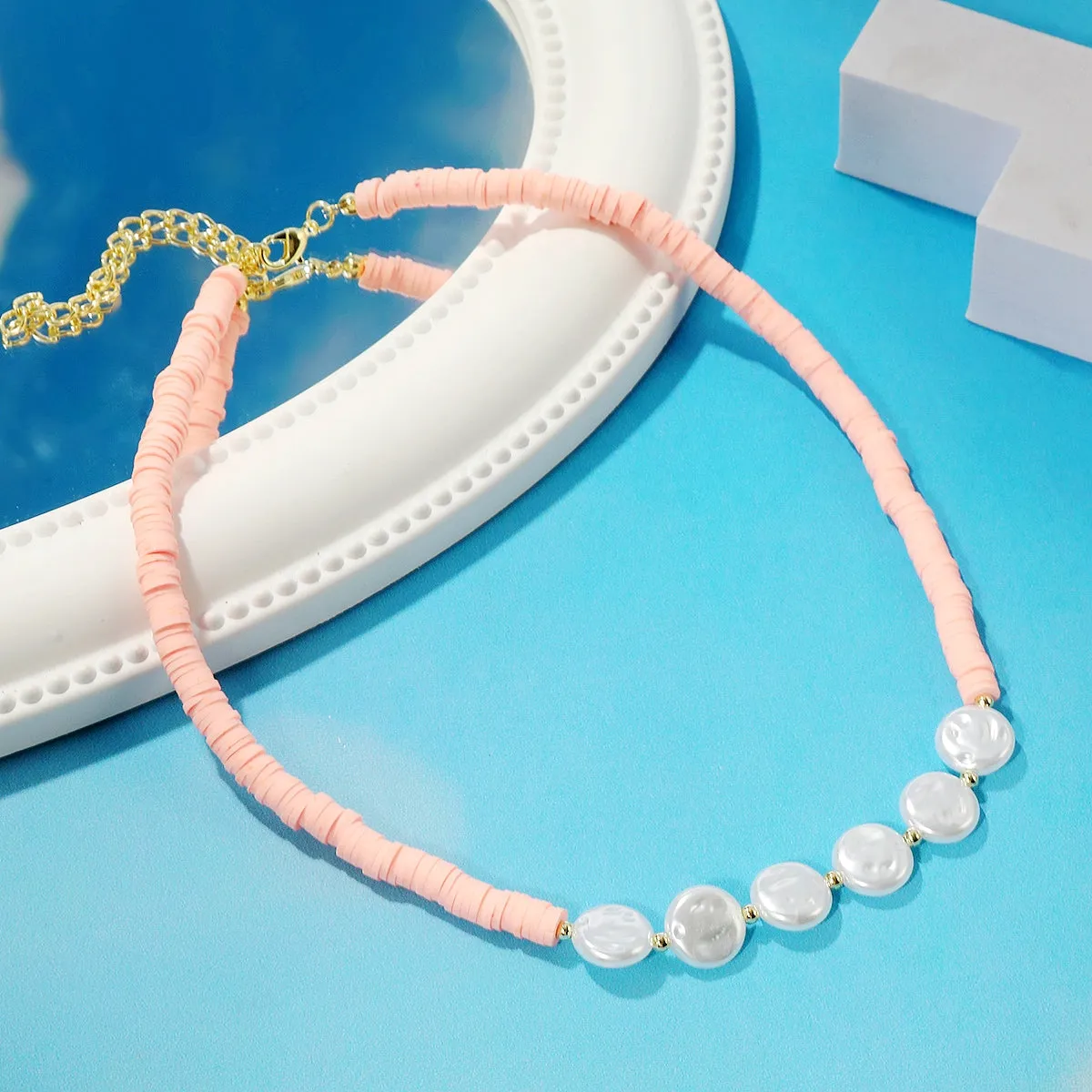 Pearl & Pink Polymer Clay 18K Gold-Plated Beaded Necklace
