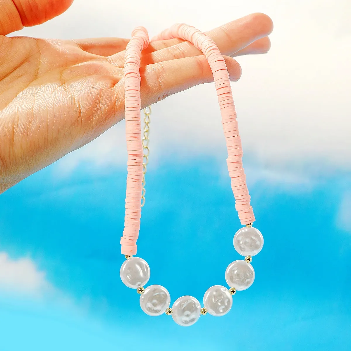 Pearl & Pink Polymer Clay 18K Gold-Plated Beaded Necklace