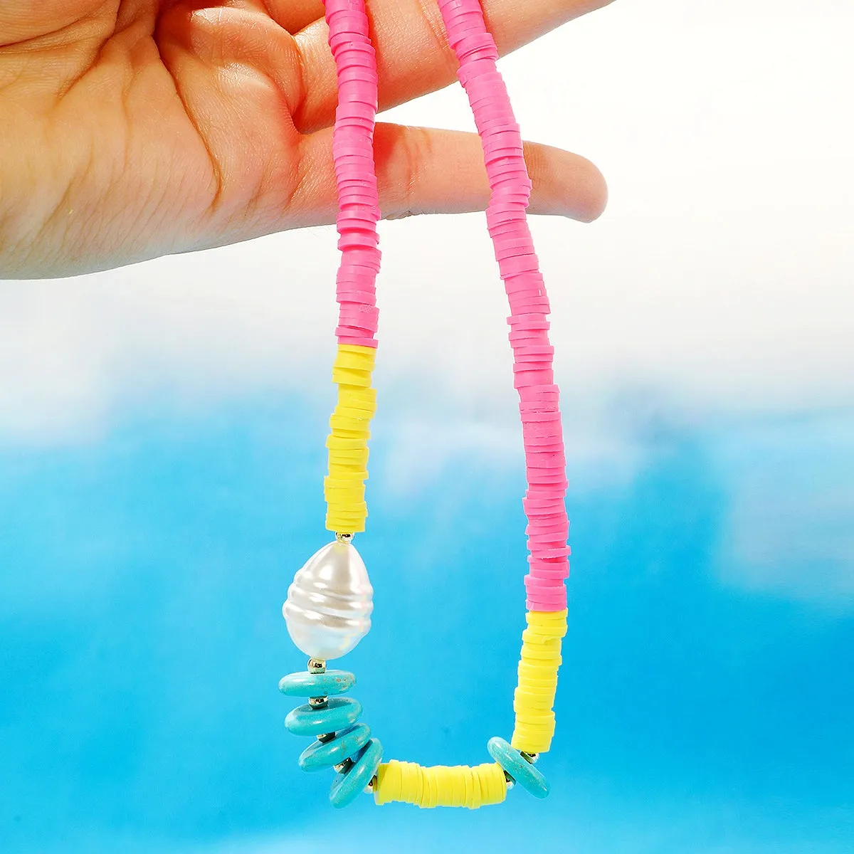 Pearl & Pink Polymer Clay Turquoise 18K Gold-Plated Beaded Necklace