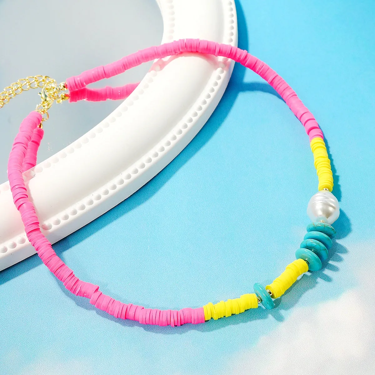 Pearl & Pink Polymer Clay Turquoise 18K Gold-Plated Beaded Necklace