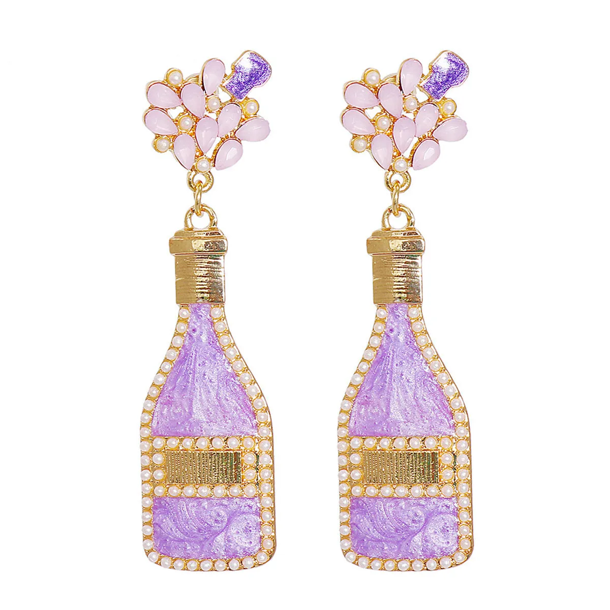 Pearl & Purple Enamel Crystal 18K Gold-Plated Bottle Drop Earrings