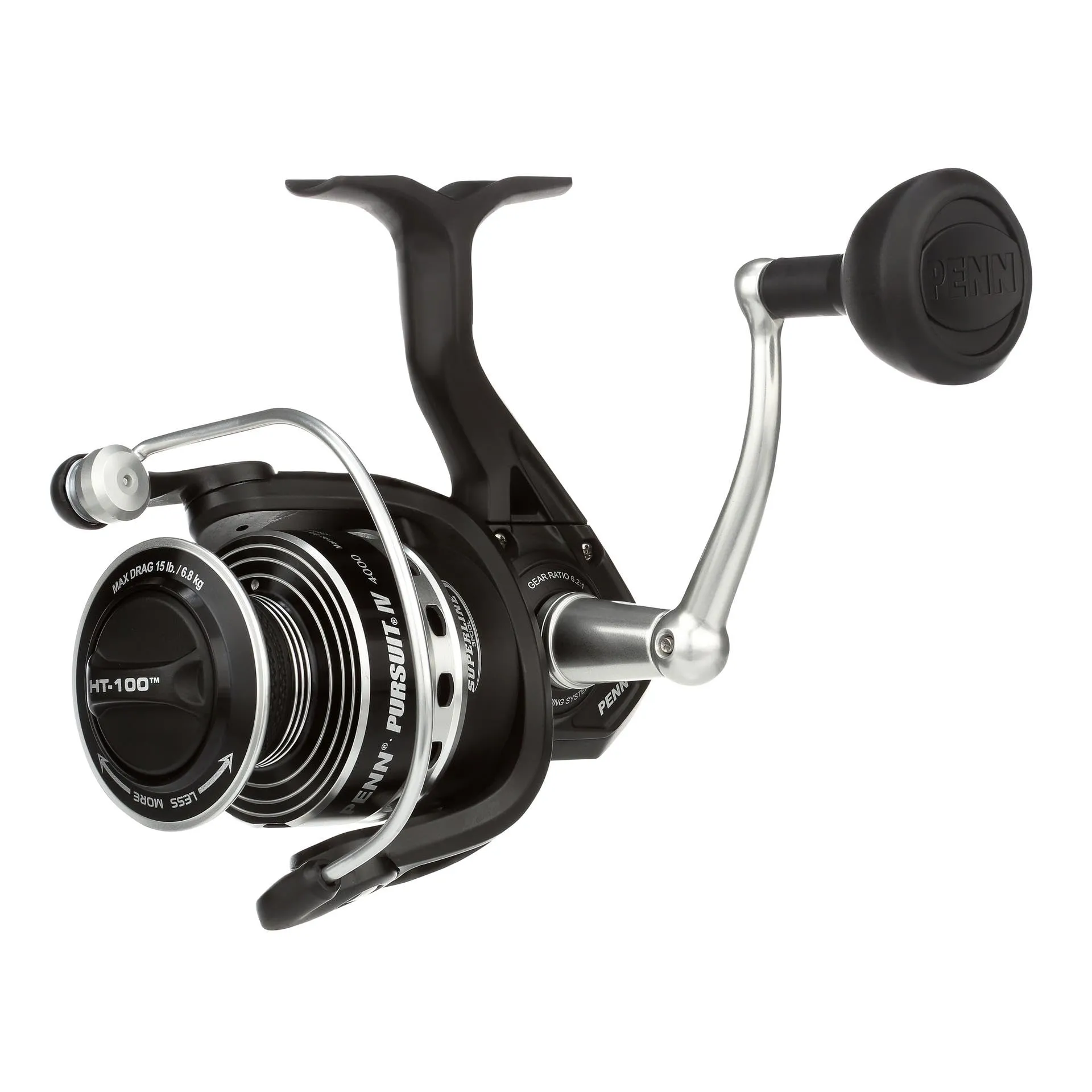 PENN Pursuit IV Inshore Spinning Fishing Reel, Size 4000, HT-100 Front Drag, Max of 15lb, 5 Sealed Stainless Steel Ball Bearing System, Built with Carbon Fiber Drag Washers,Black/Silver