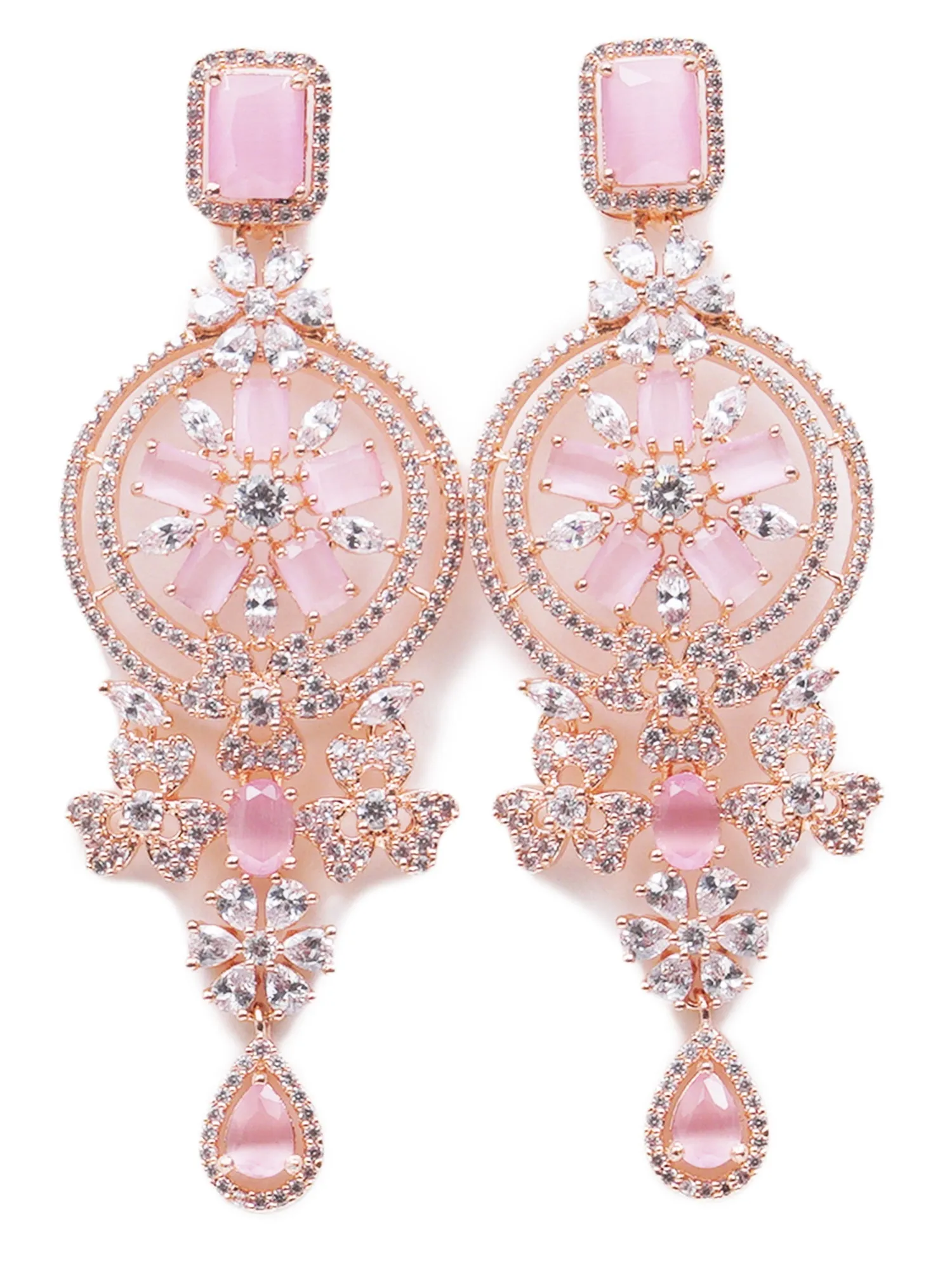 Pink American Diamond and CZ Studded Classic Dangler Earrings