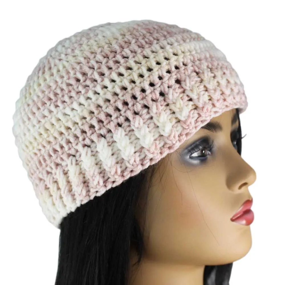 Pink Beige White Crochet Snug Beanie Hat Med/Lg - JMCH57ML