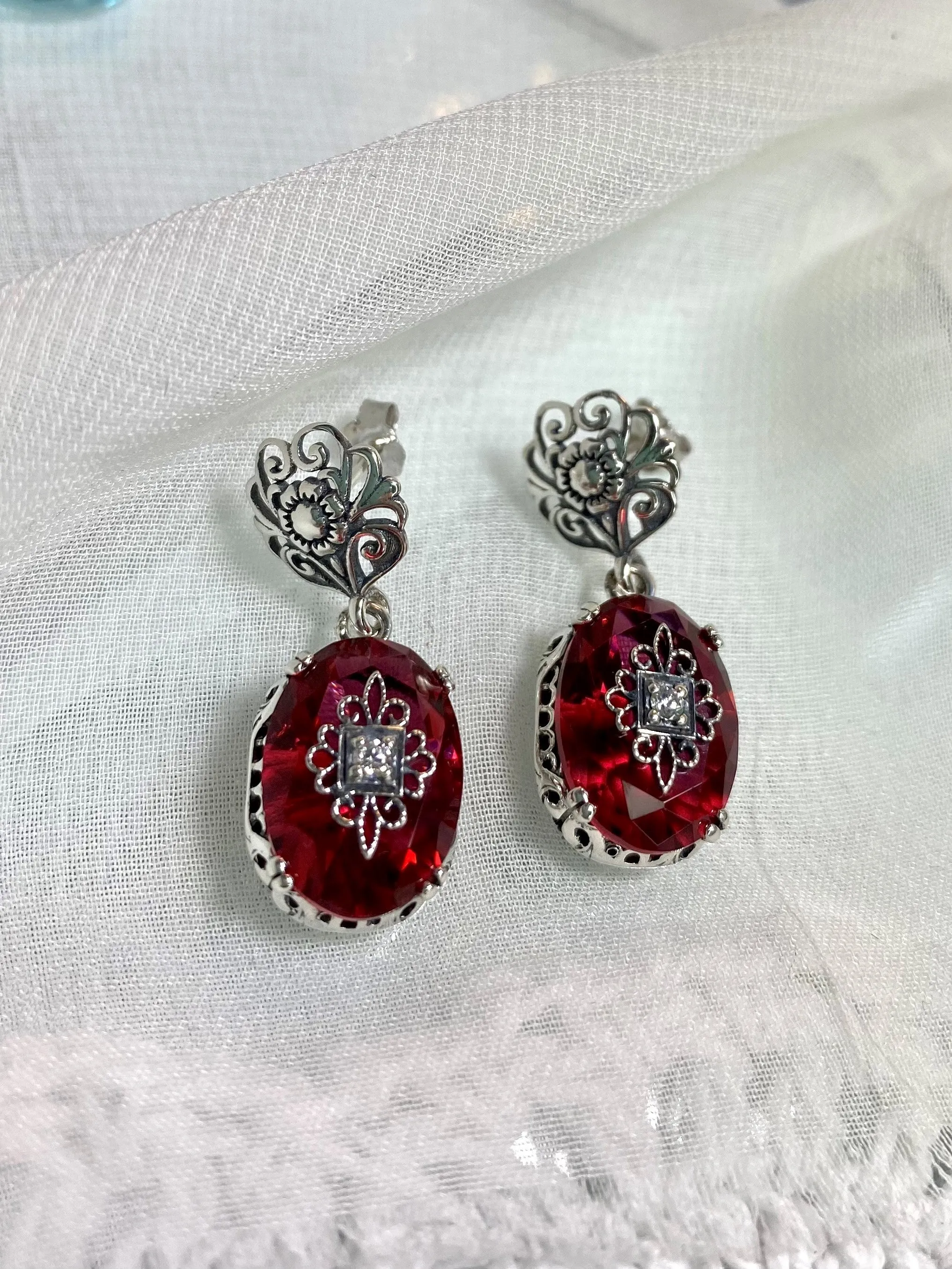 Pink Earrings, Sterling Silver Embellishment, Vintage Edwardian Jewelry #E70e