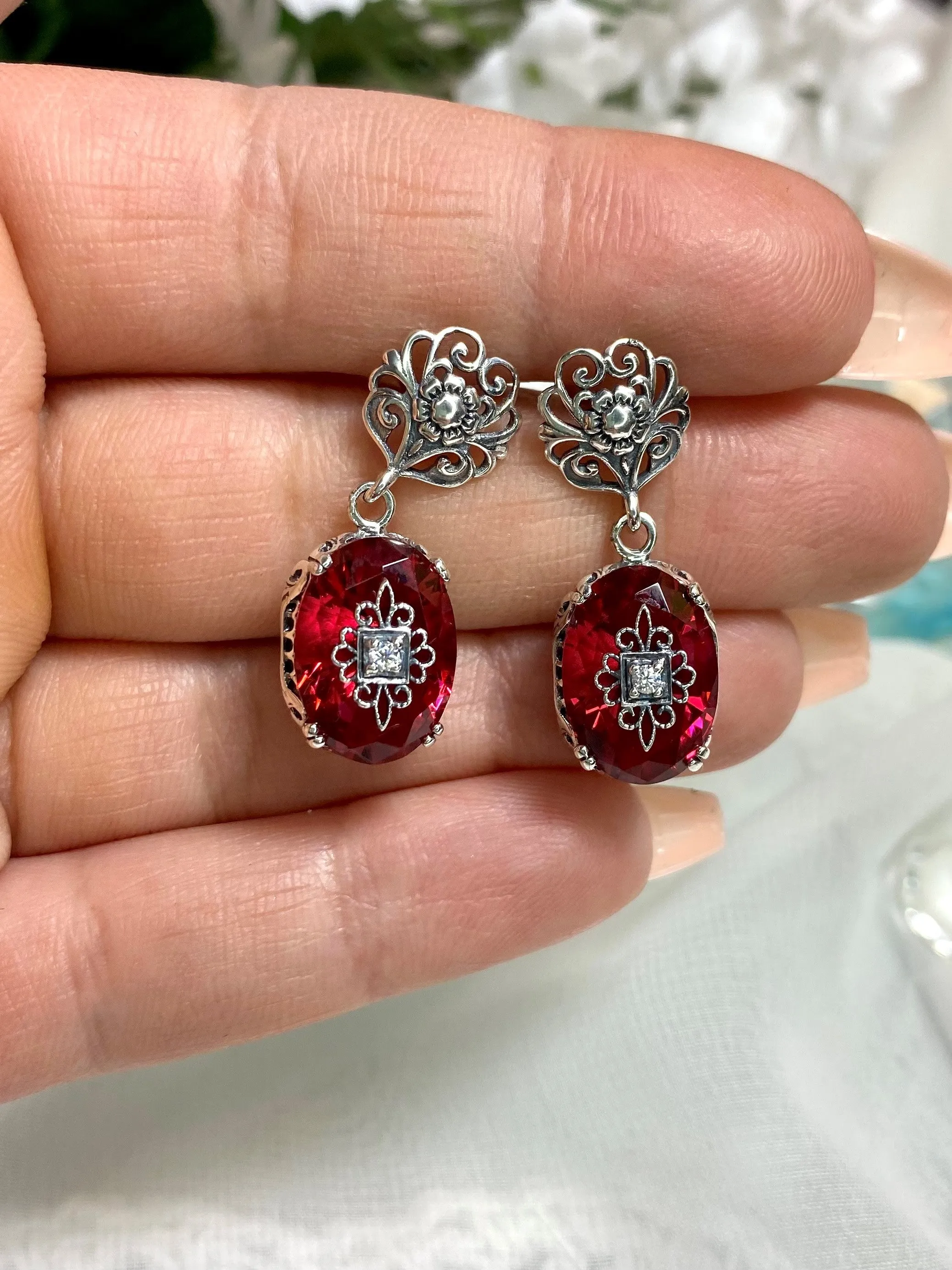 Pink Earrings, Sterling Silver Embellishment, Vintage Edwardian Jewelry #E70e