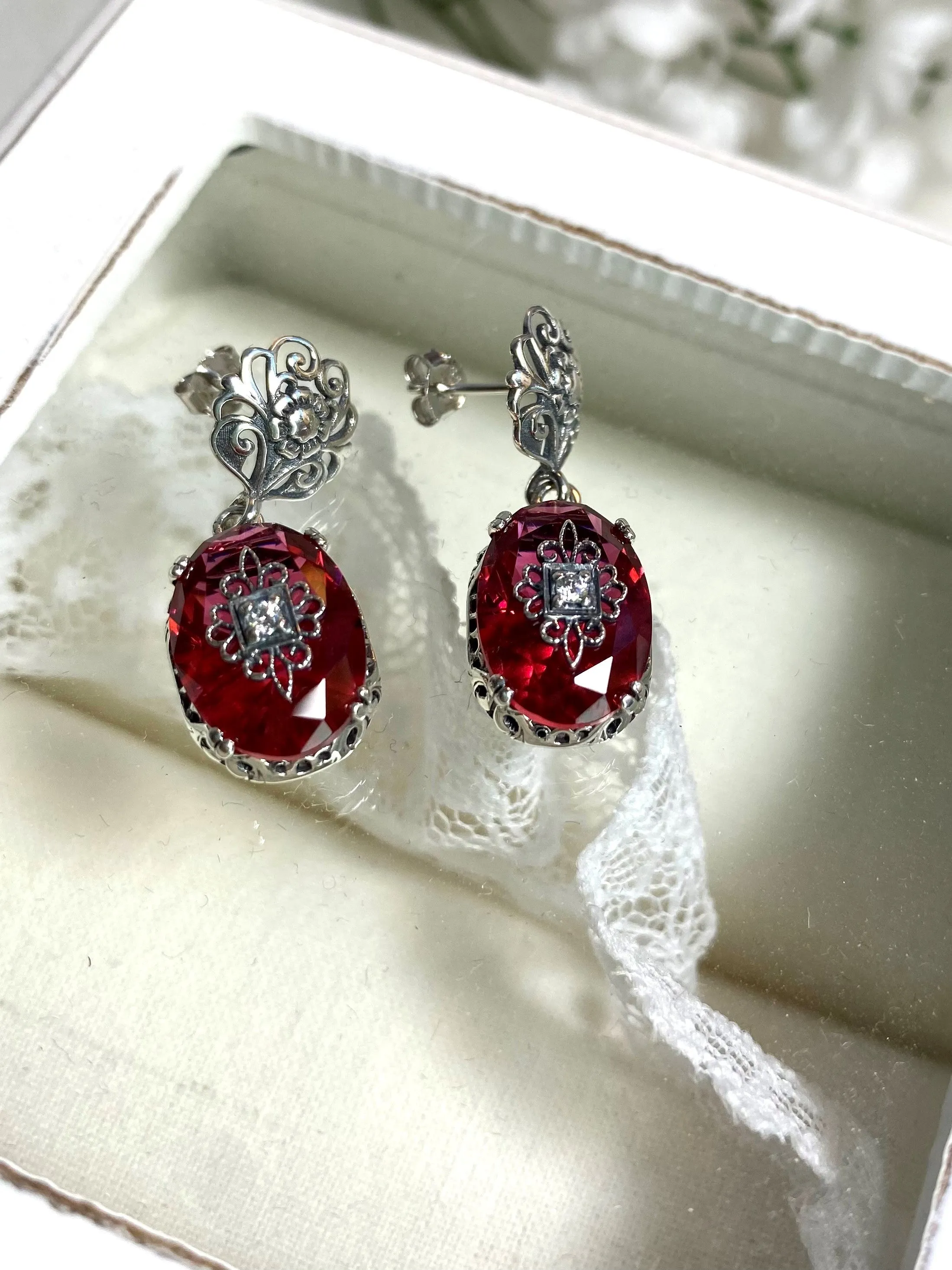 Pink Earrings, Sterling Silver Embellishment, Vintage Edwardian Jewelry #E70e