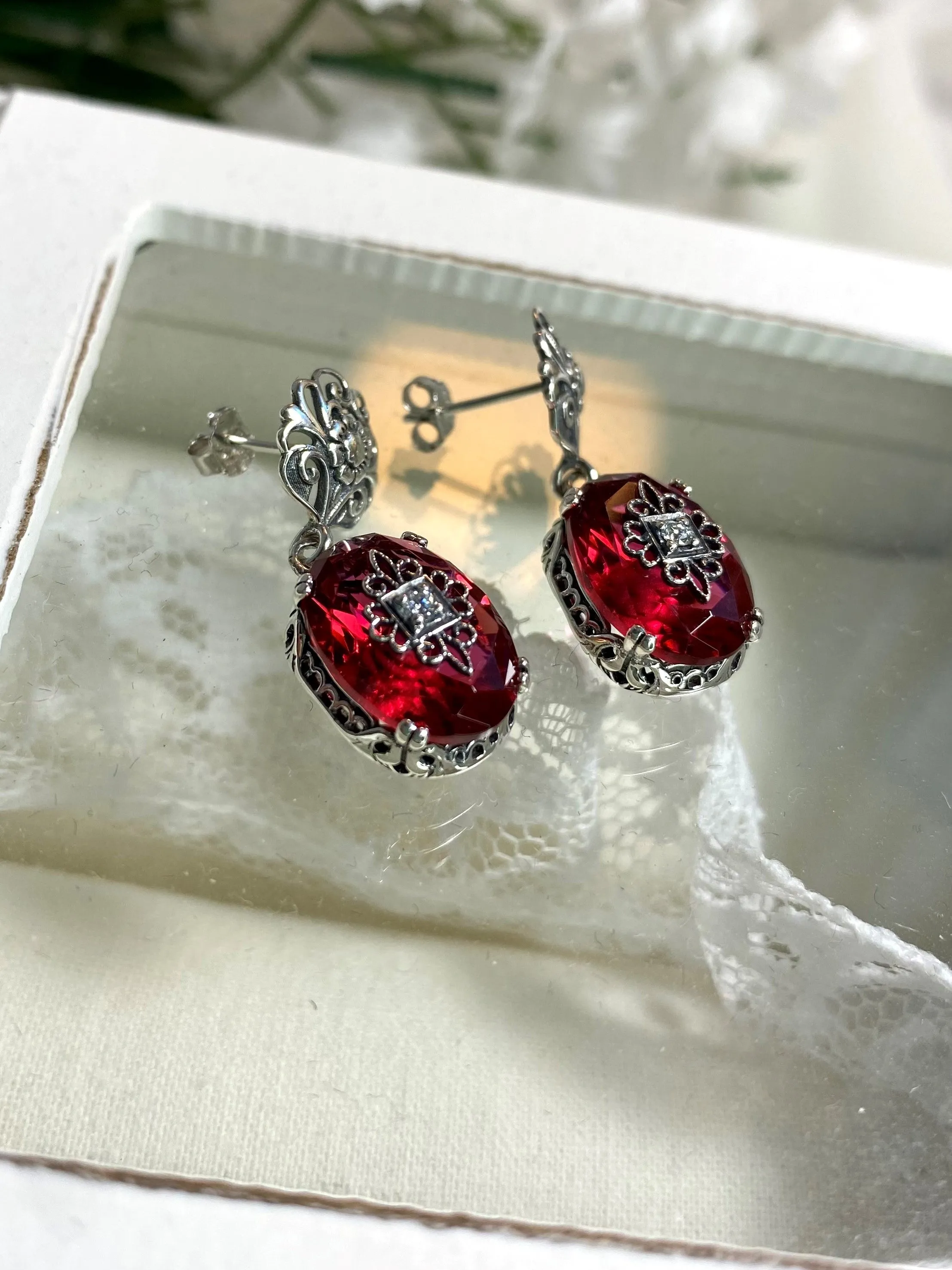Pink Earrings, Sterling Silver Embellishment, Vintage Edwardian Jewelry #E70e