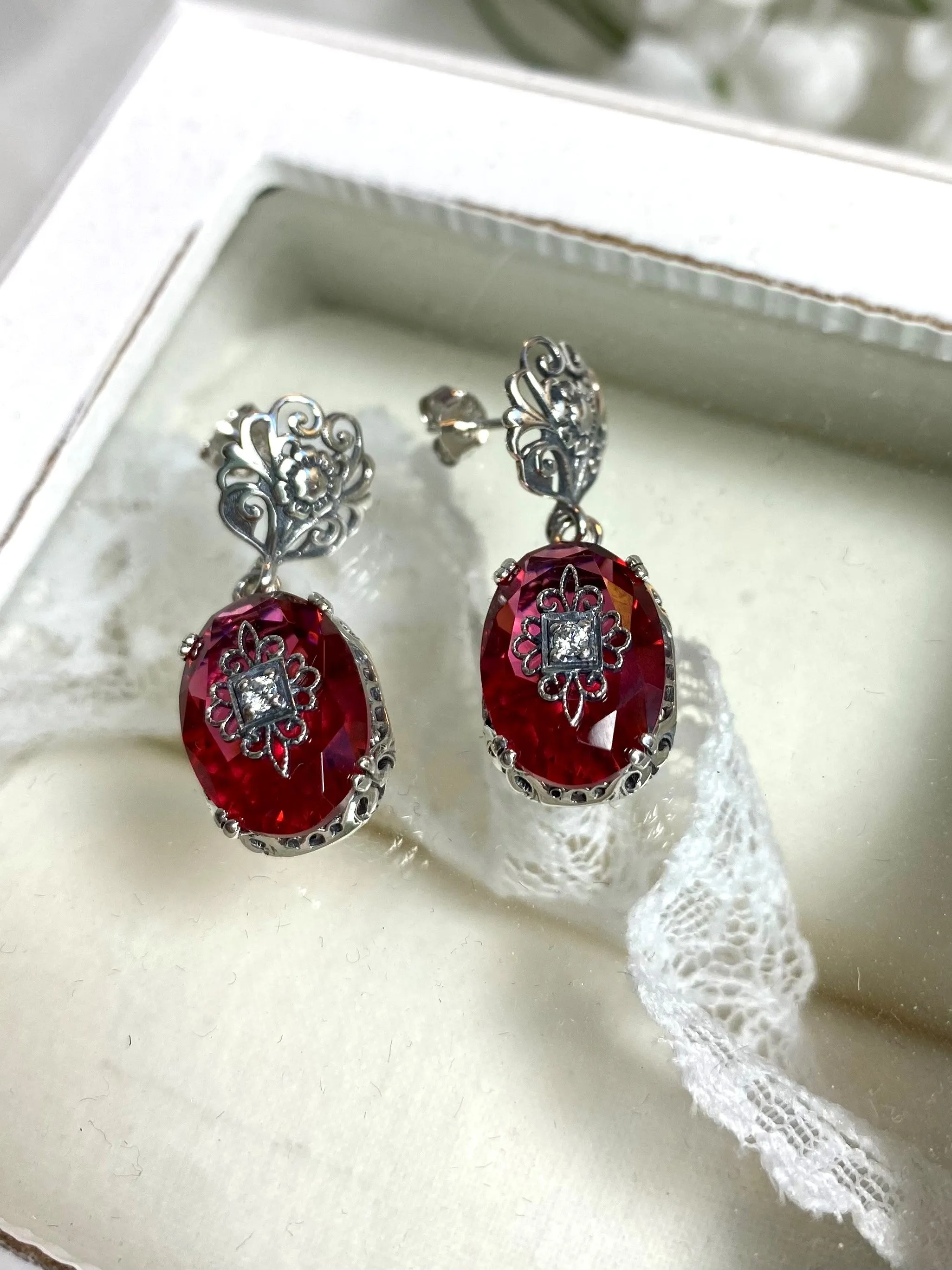 Pink Earrings, Sterling Silver Embellishment, Vintage Edwardian Jewelry #E70e