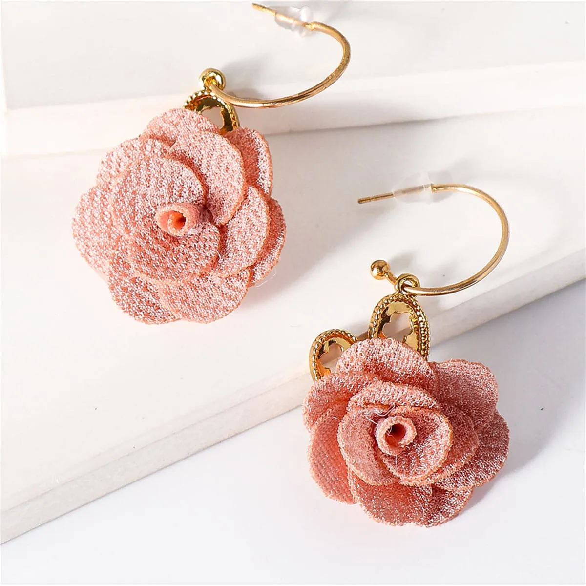 Pink Lace & 18K Gold-Plated Heart Flower Drop Earrings