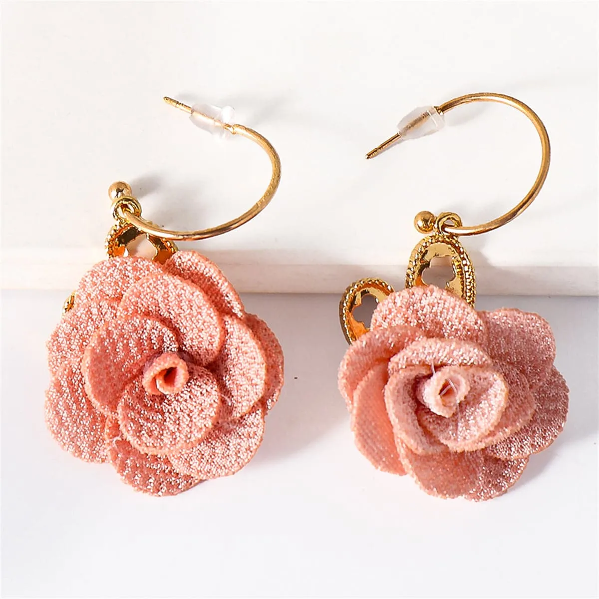 Pink Lace & 18K Gold-Plated Heart Flower Drop Earrings