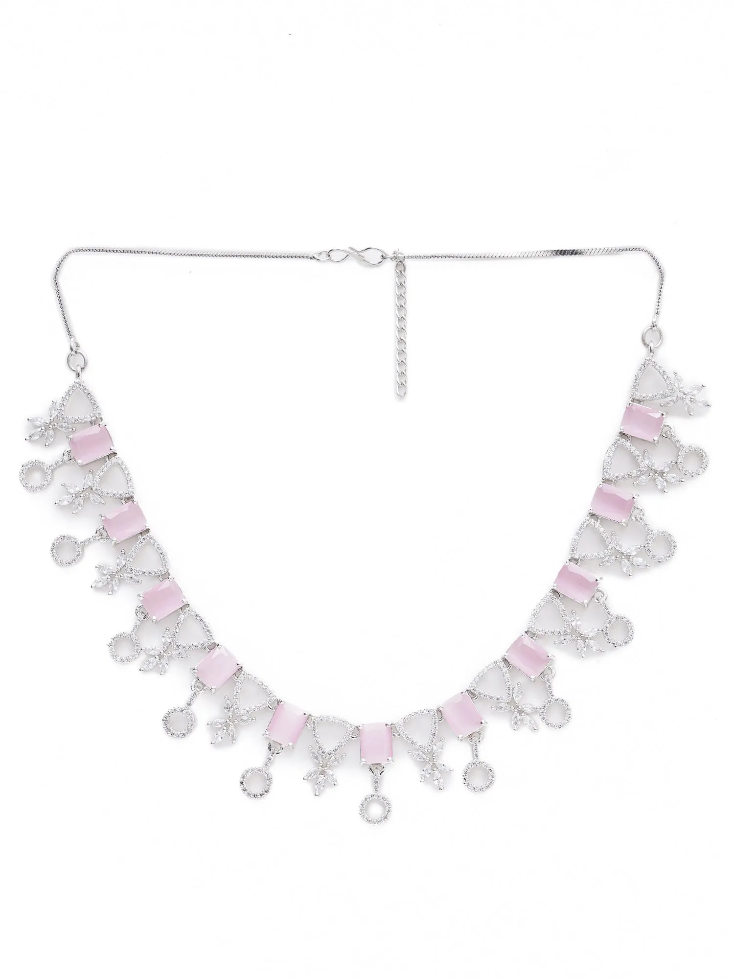 Pink Silver Toned American Diamond Jewellery Set