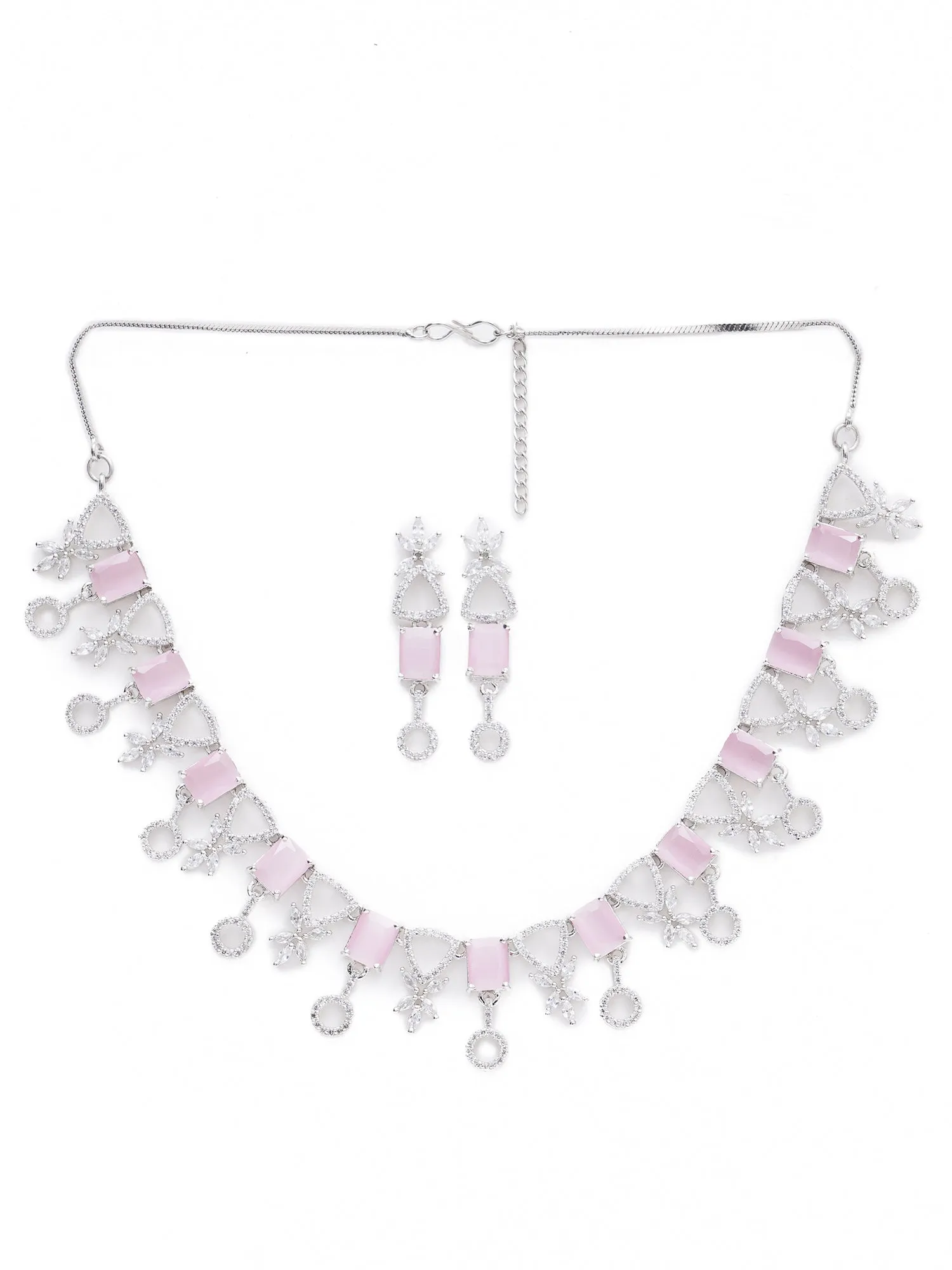 Pink Silver Toned American Diamond Jewellery Set