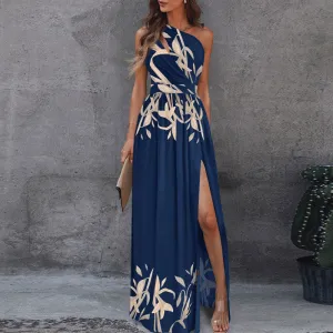 Print Oblique Shoulder Cut Out High Slit Maxi Dress