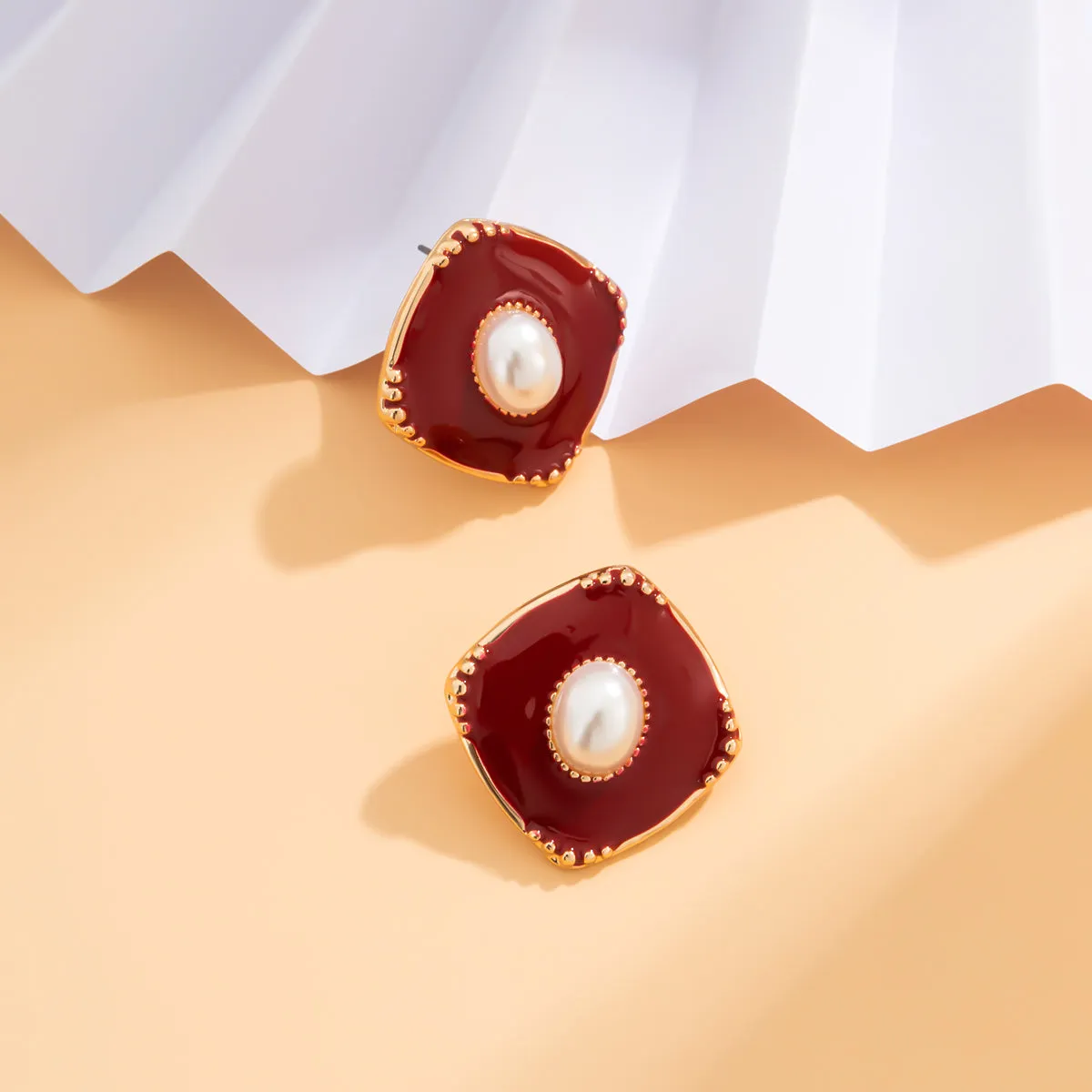Red Enamel & Pearl 18K Gold-Plated Rhombus Stud Earrings