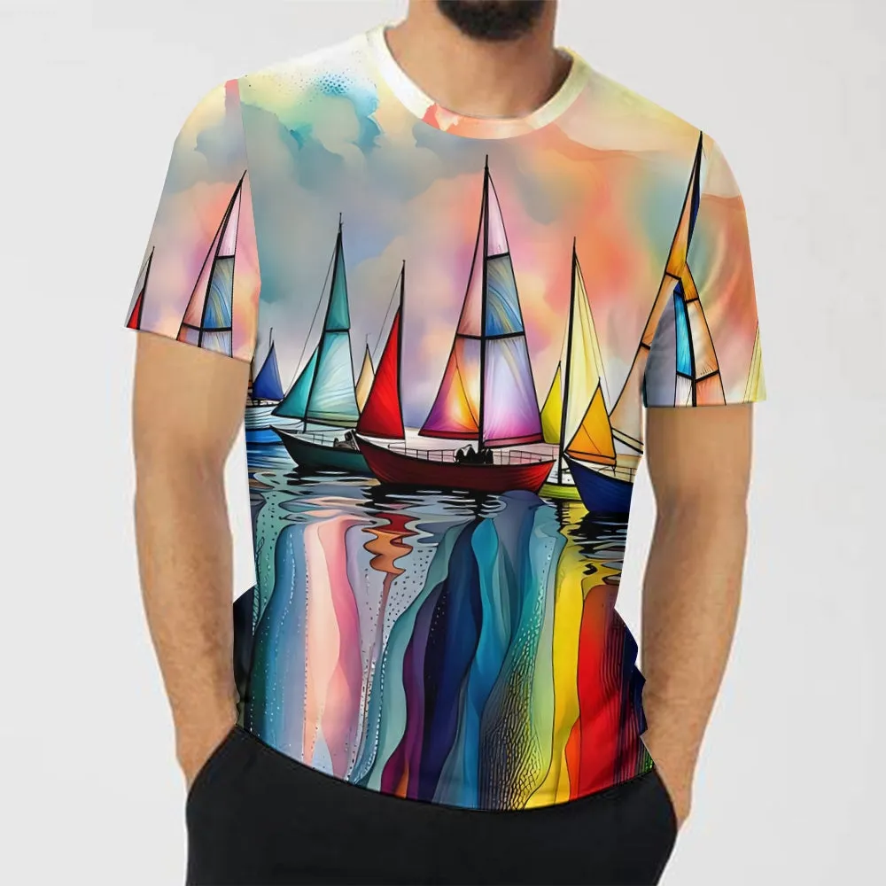Sailboat Men's Casual Printed Short Sleeve T-Shirt 2408003483
