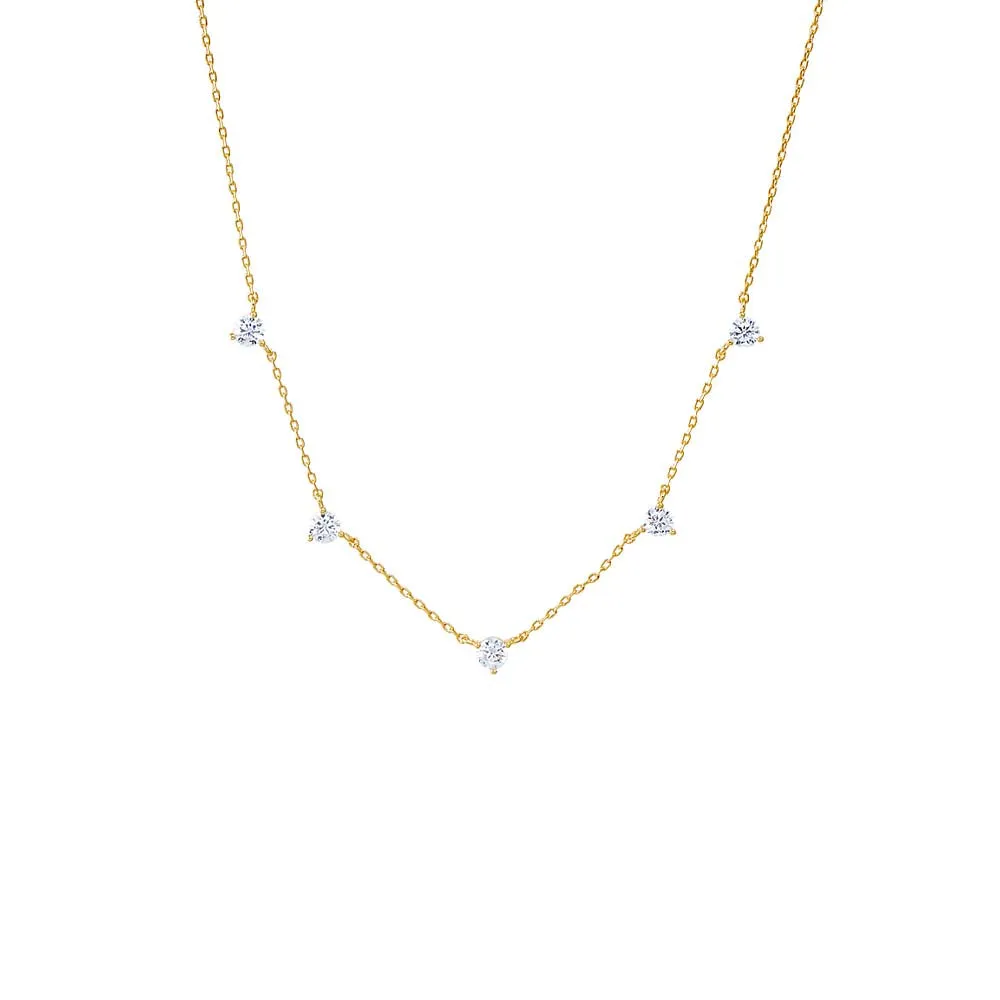 Scattered CZ Solitaire Three Prong Necklace