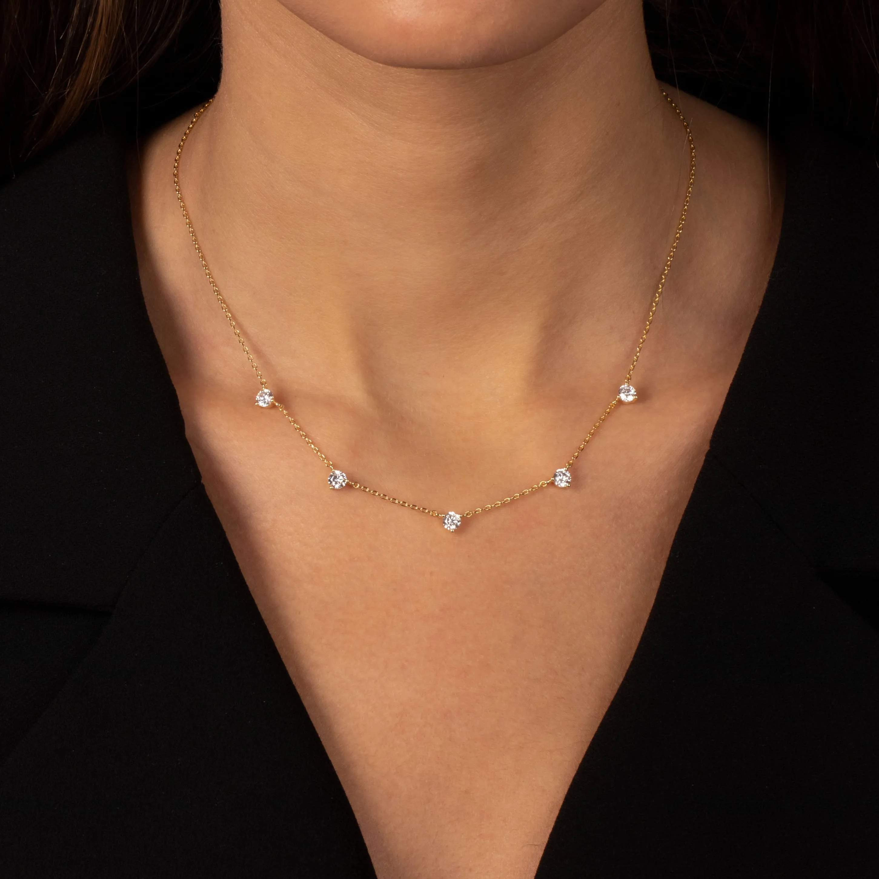 Scattered CZ Solitaire Three Prong Necklace