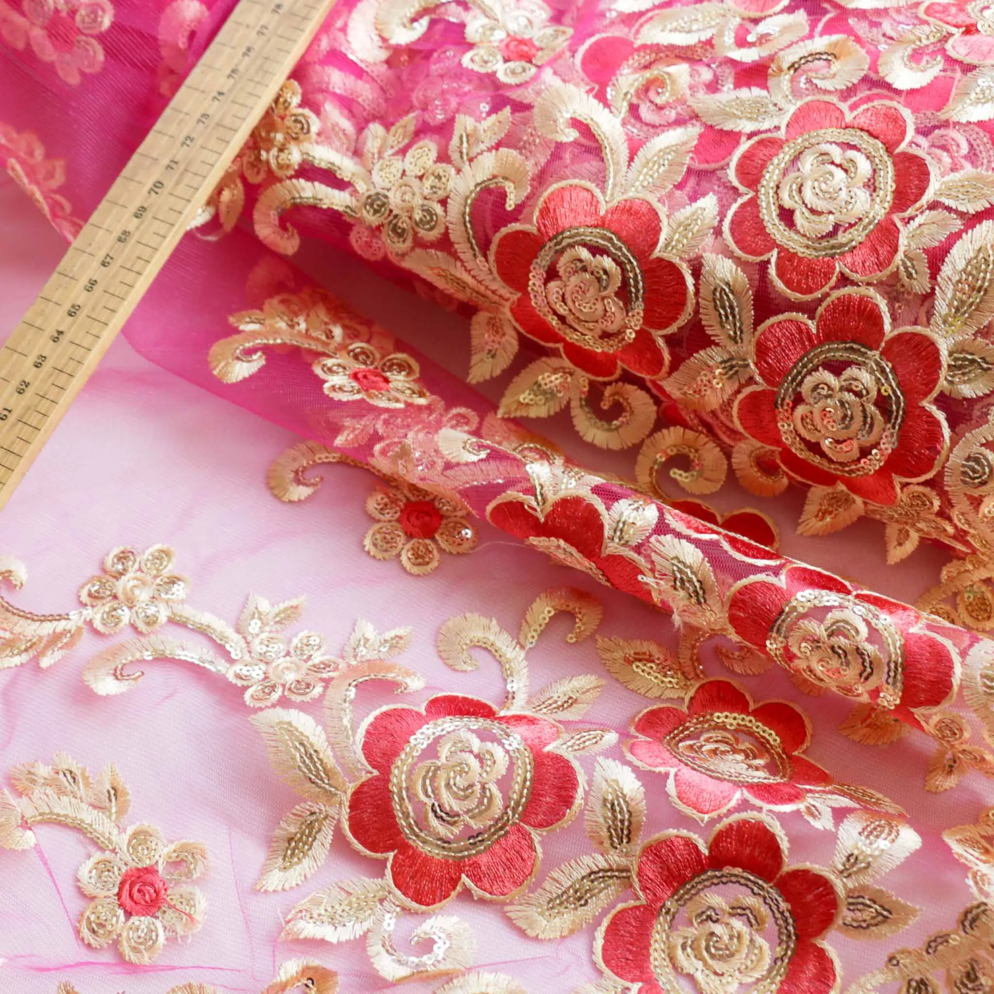 Sequin Tulle Fabric  - Red or pink