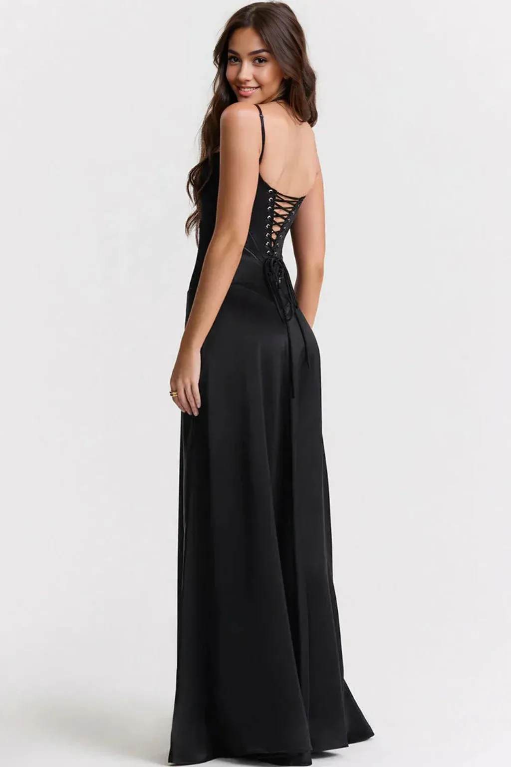 Sexy Square Neck Pintuck Trim Lace Up Back Satin Slip Maxi Dress - Black