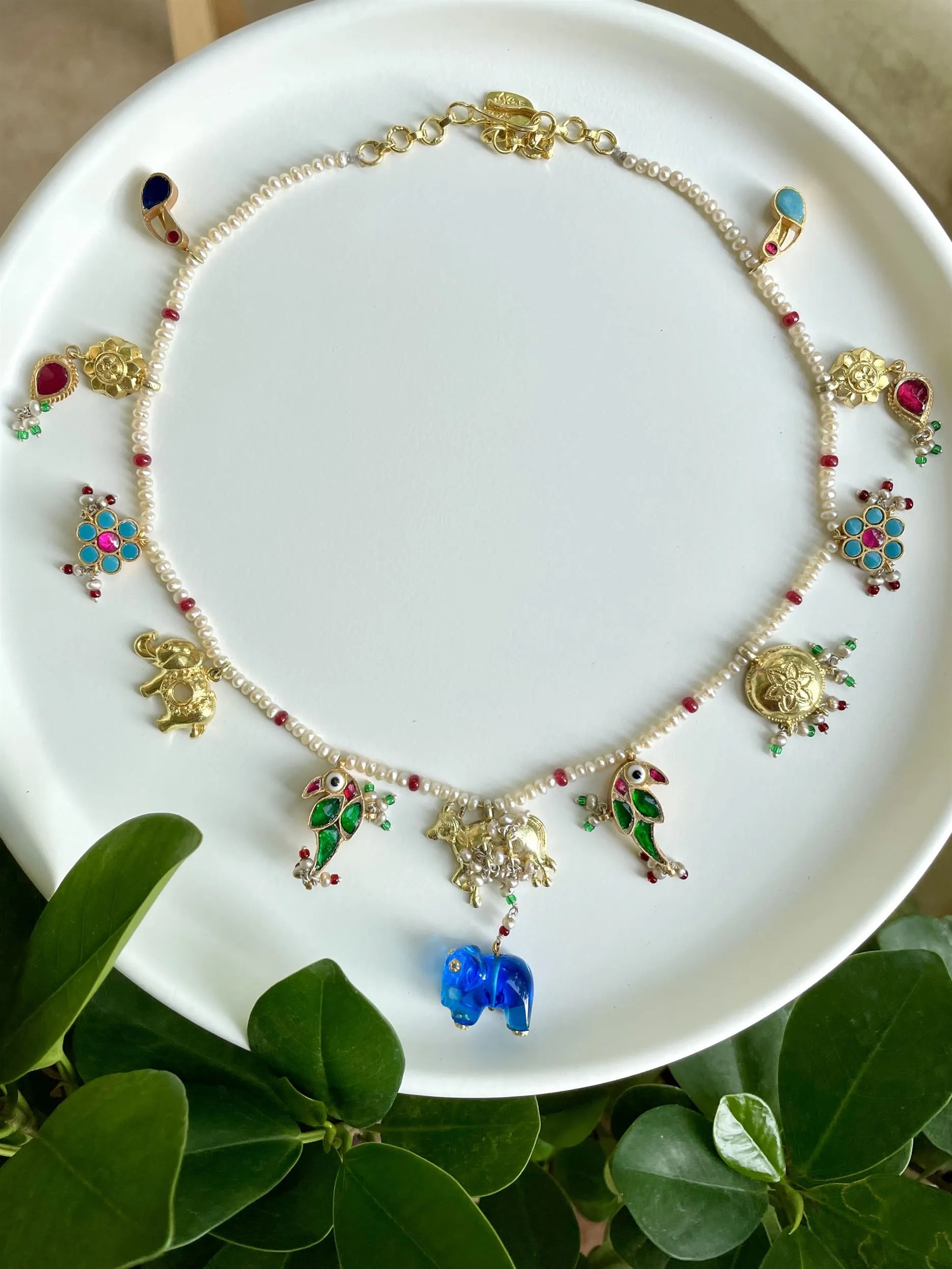 Sheetal Zaveri   I   Bhumi Necklace (Blue Elephant) Hancrafted Earrings, Natural pearls used.  SZ-N44