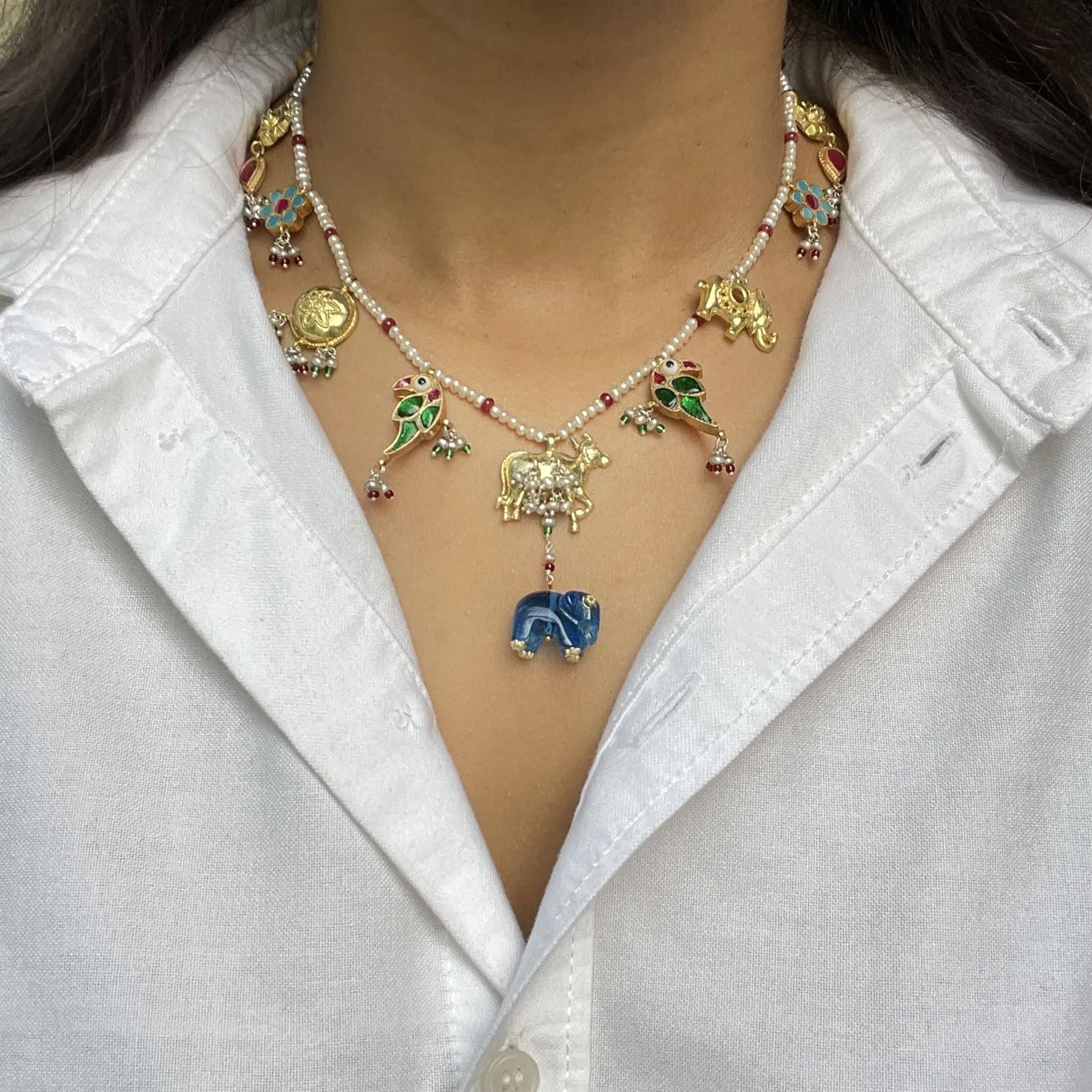 Sheetal Zaveri   I   Bhumi Necklace (Blue Elephant) Hancrafted Earrings, Natural pearls used.  SZ-N44