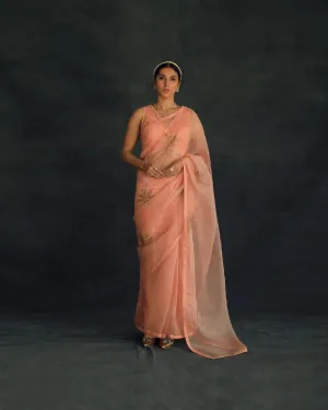 Shikha Mehta Kaif Salmon Savi Saree Set Silk Organza Silk Chanderi Pink Hana Ss21F-Ss