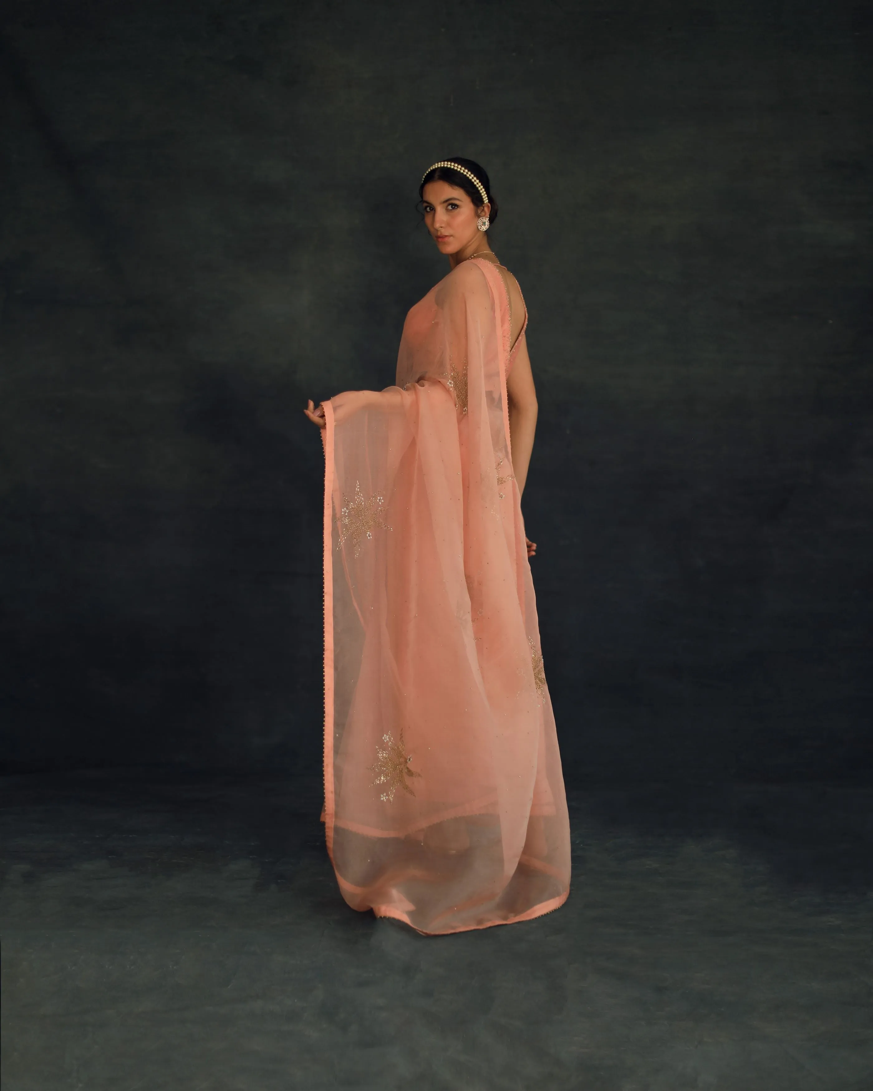 Shikha Mehta Kaif Salmon Savi Saree Set Silk Organza Silk Chanderi Pink Hana Ss21F-Ss