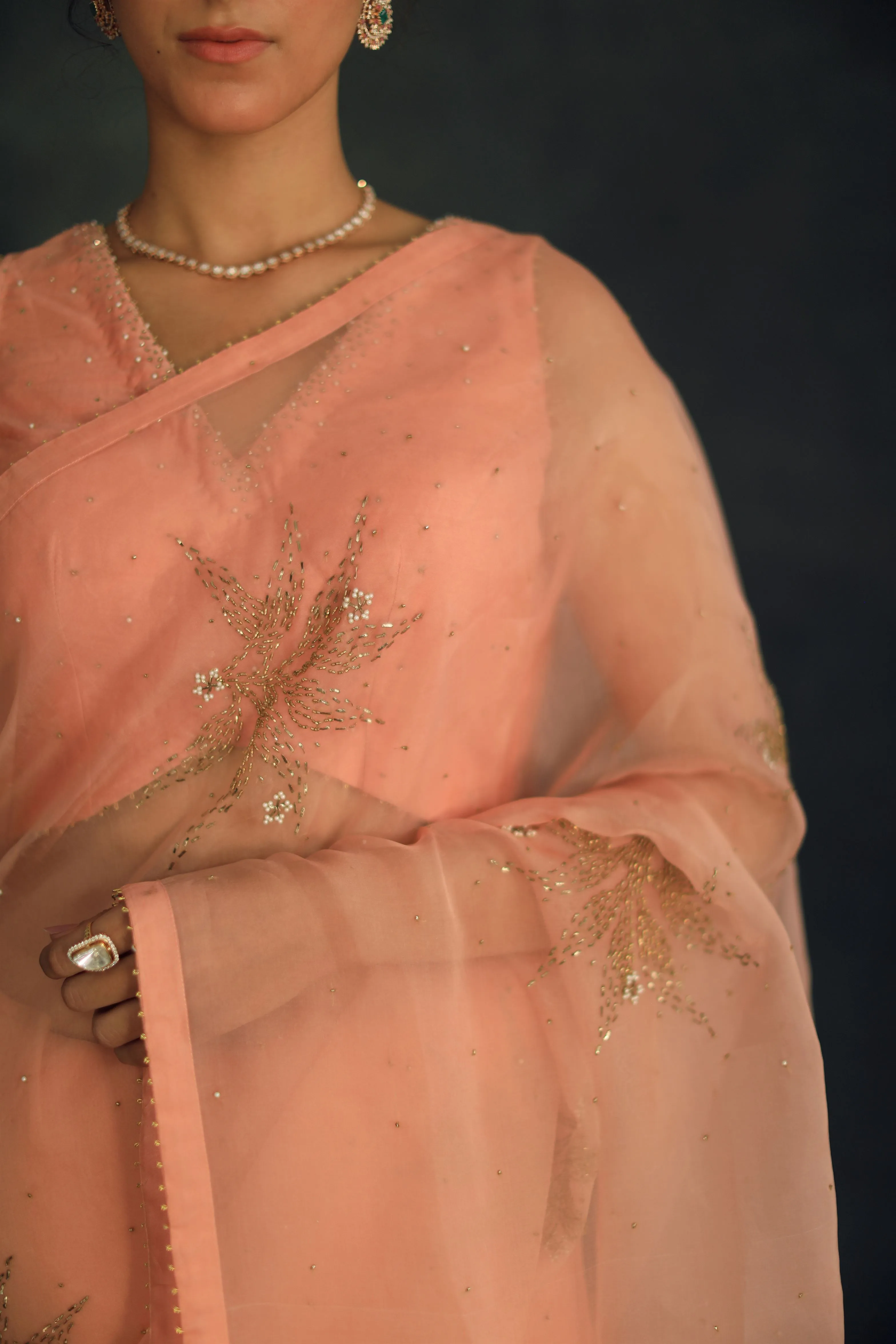 Shikha Mehta Kaif Salmon Savi Saree Set Silk Organza Silk Chanderi Pink Hana Ss21F-Ss