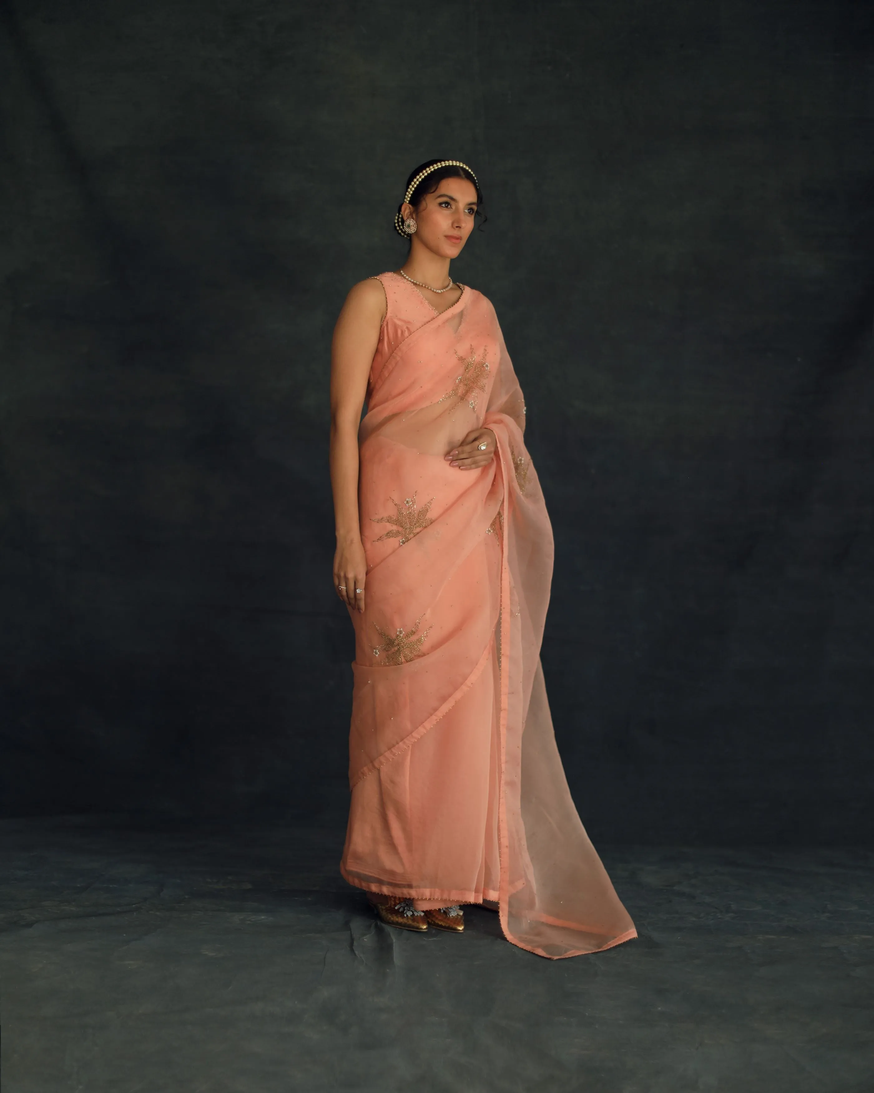 Shikha Mehta Kaif Salmon Savi Saree Set Silk Organza Silk Chanderi Pink Hana Ss21F-Ss