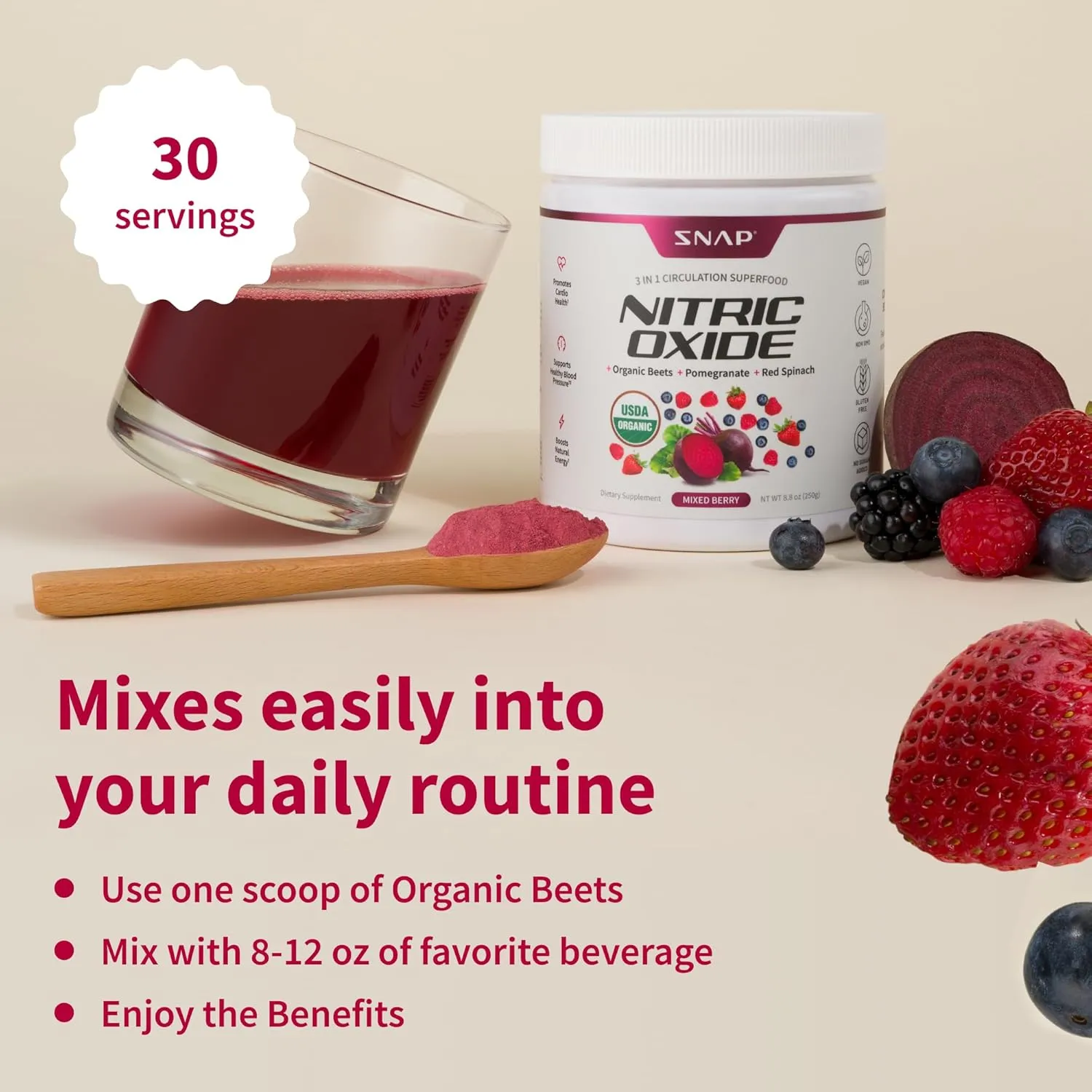 Snap Supplements Organic Beet Root Powder, Nitric Oxide Superfood Supplement with Beets, B Vitamins, Pomegranate & Red Spinach for Energy