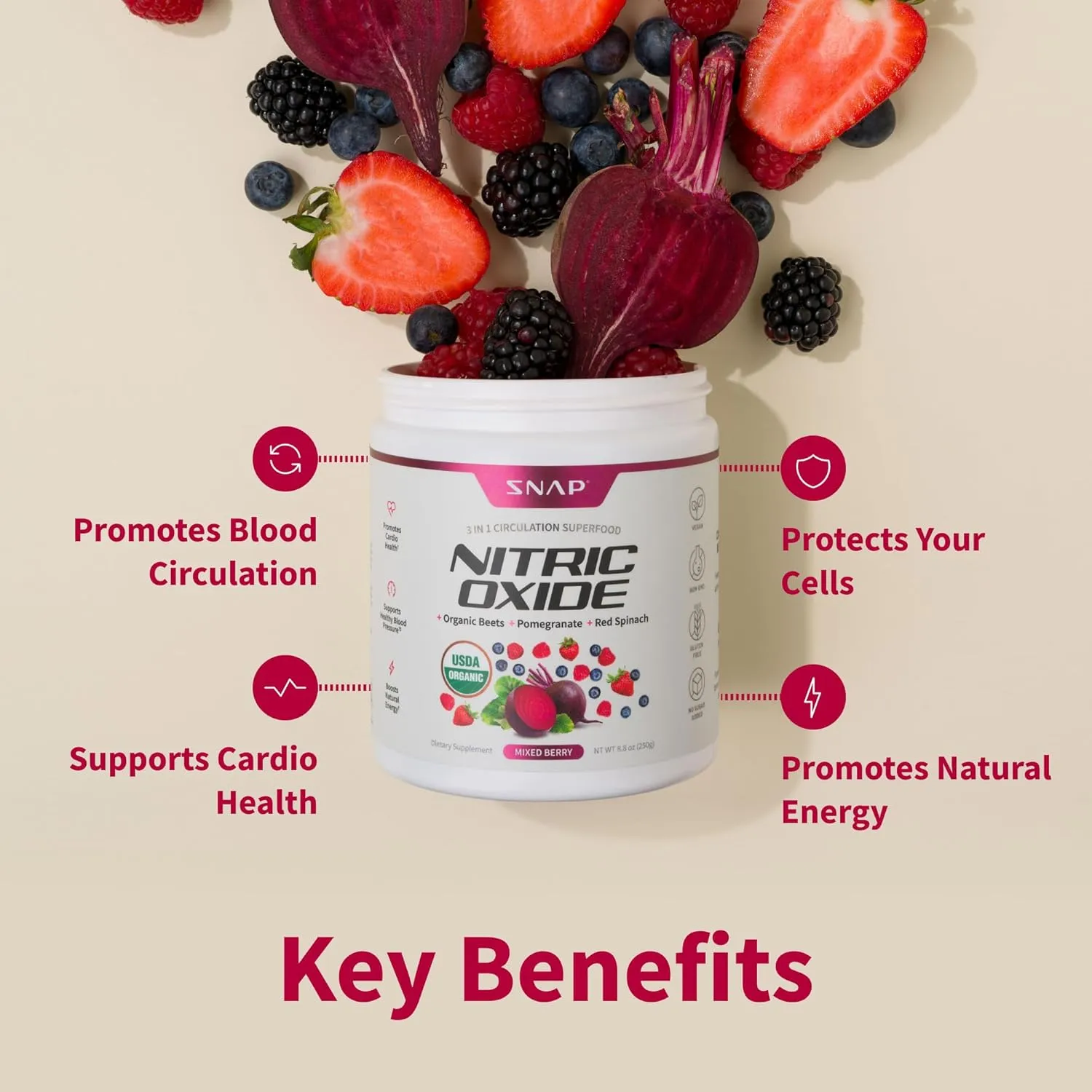 Snap Supplements Organic Beet Root Powder, Nitric Oxide Superfood Supplement with Beets, B Vitamins, Pomegranate & Red Spinach for Energy