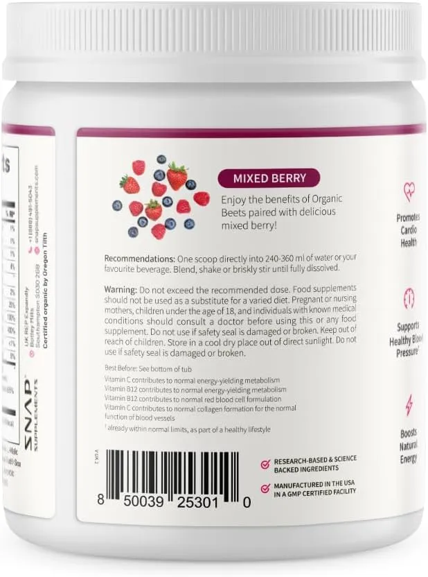 Snap Supplements Organic Beet Root Powder, Nitric Oxide Superfood Supplement with Beets, B Vitamins, Pomegranate & Red Spinach for Energy