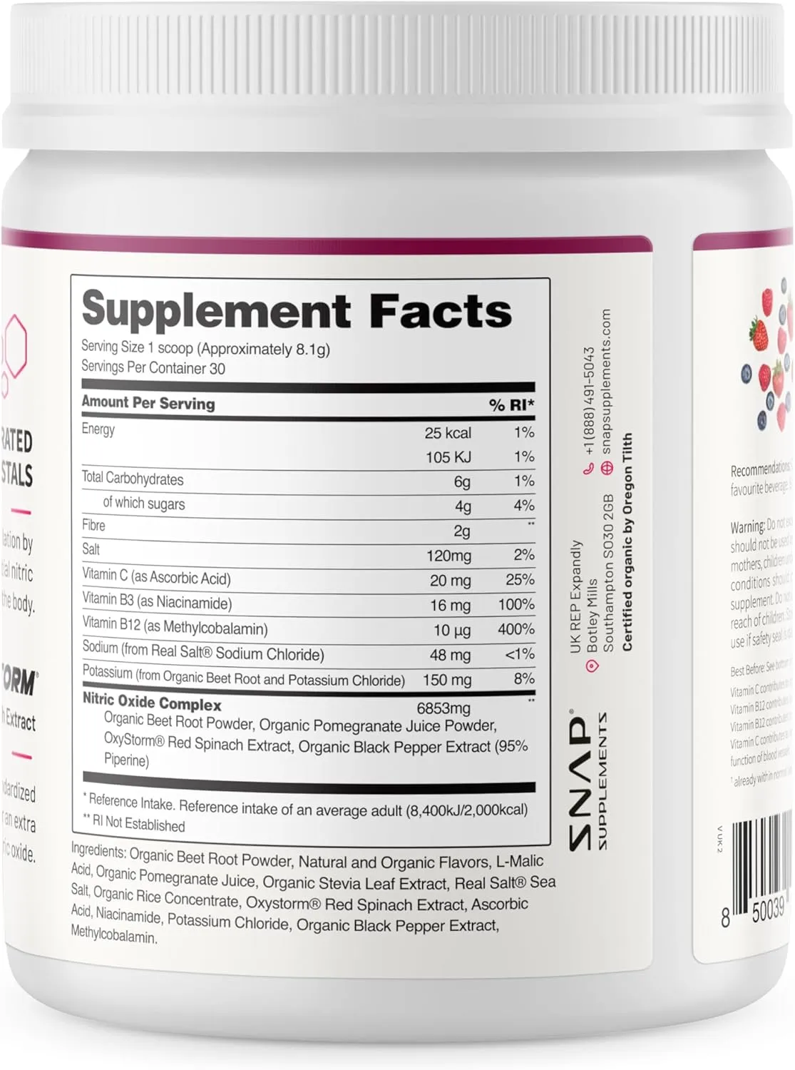 Snap Supplements Organic Beet Root Powder, Nitric Oxide Superfood Supplement with Beets, B Vitamins, Pomegranate & Red Spinach for Energy