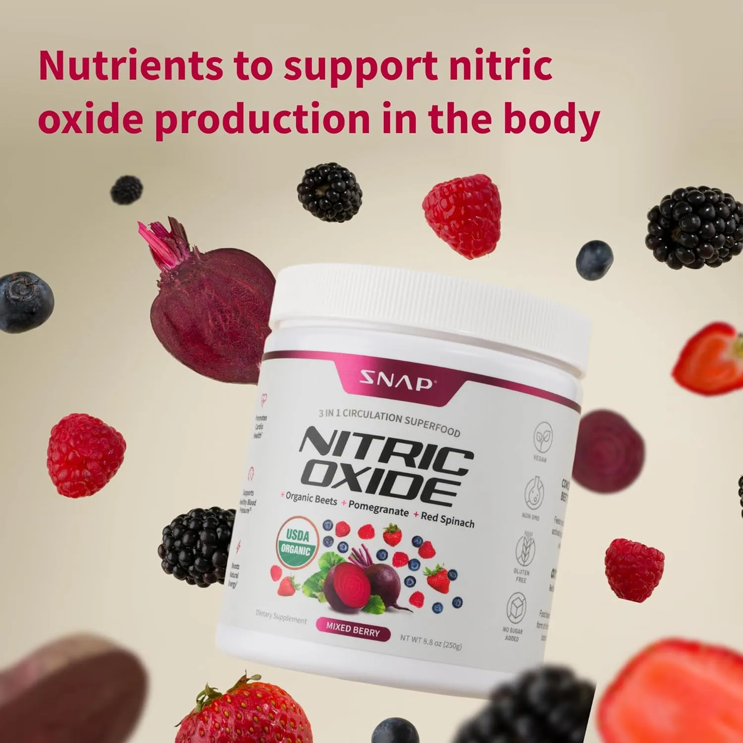 Snap Supplements Organic Beet Root Powder, Nitric Oxide Superfood Supplement with Beets, B Vitamins, Pomegranate & Red Spinach for Energy