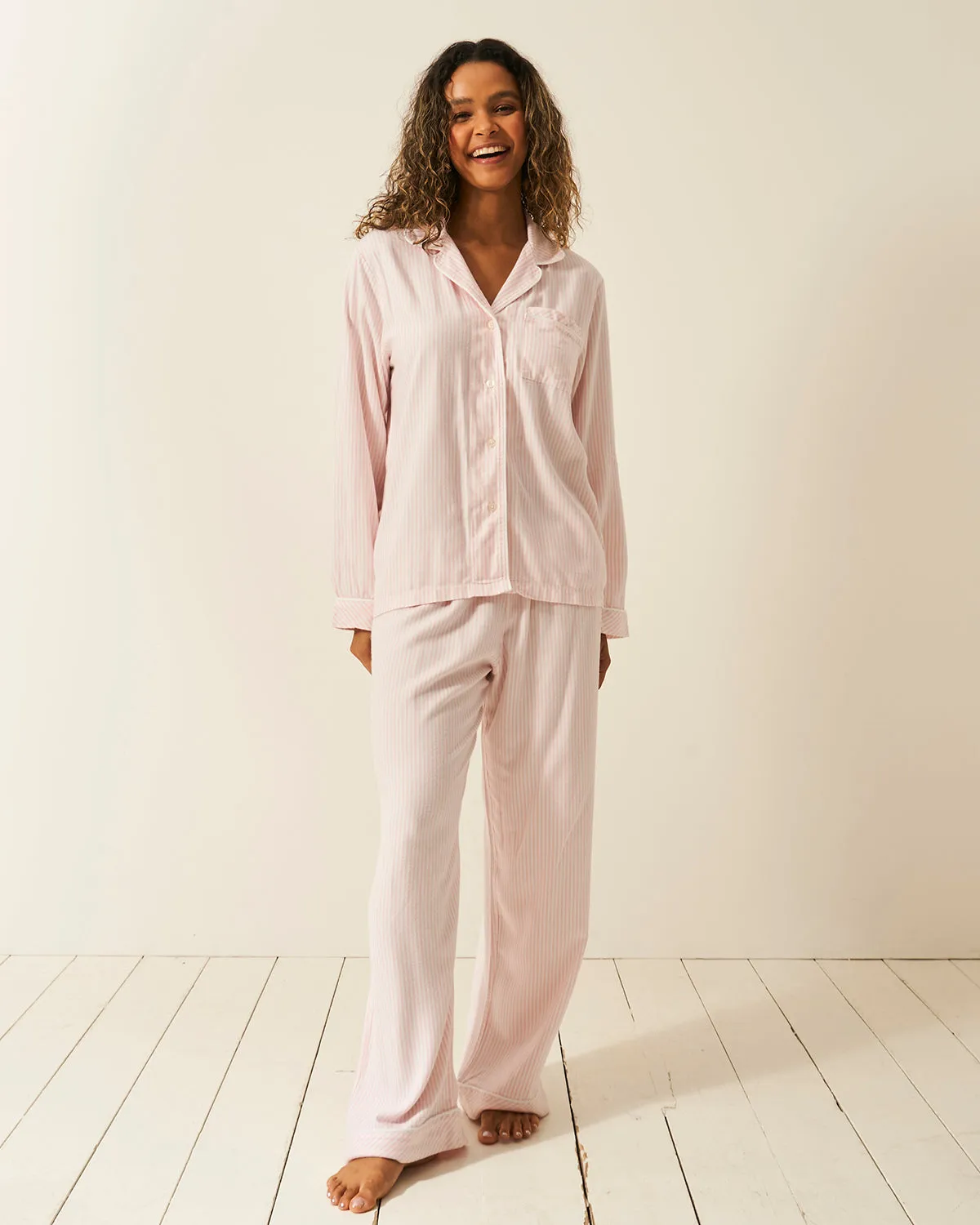 Soft Brushed Woven Pyjama Top - Pink Stripe