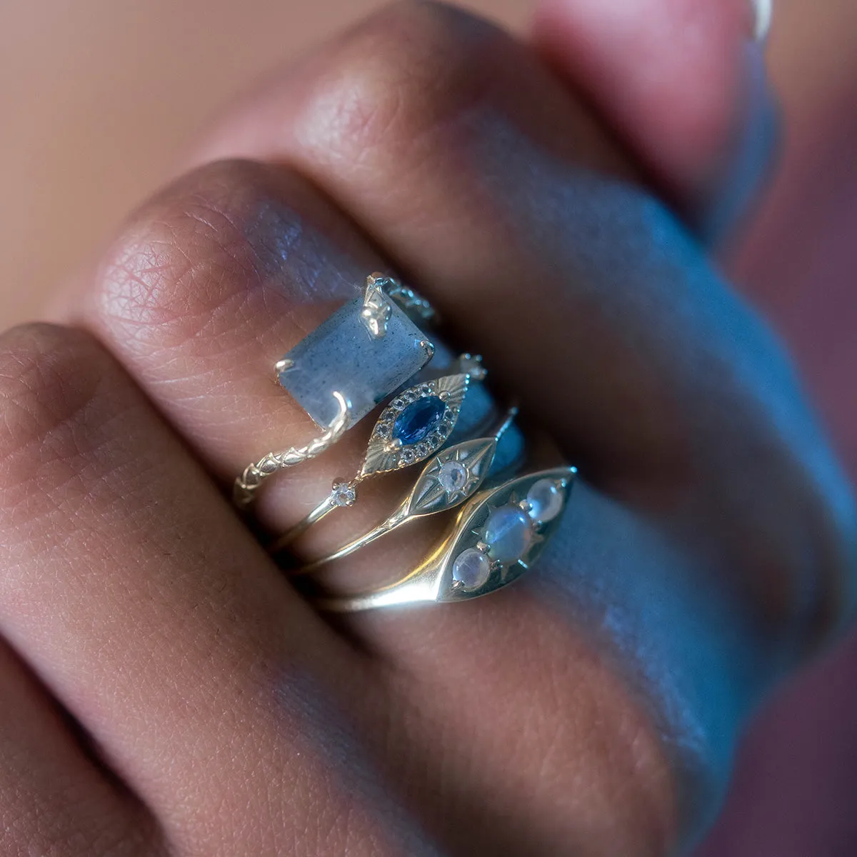 Solid Gold Delicate Moonstone Evil Eye Signet Ring