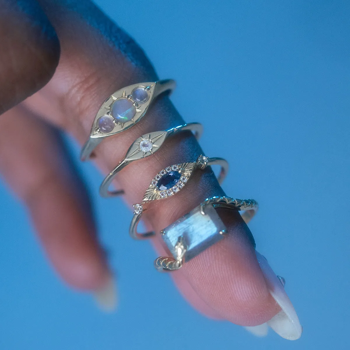 Solid Gold Delicate Moonstone Evil Eye Signet Ring